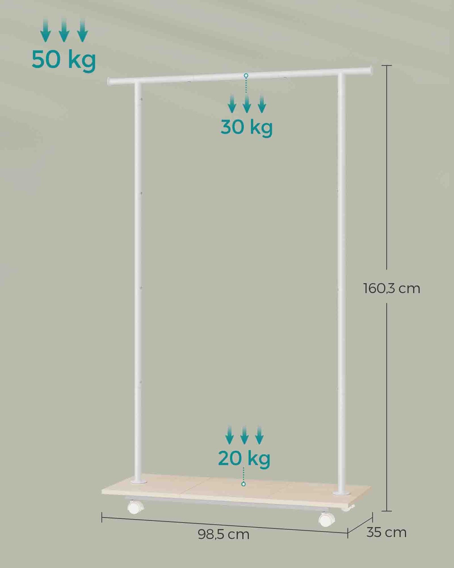 Stand Appendiabiti, Appendiabiti con Ruote, con Ripiano, Largo 98,5cm, Regge 50kg, in Acciaio, Beige Naturale e Bianco, SONGMICS, 9