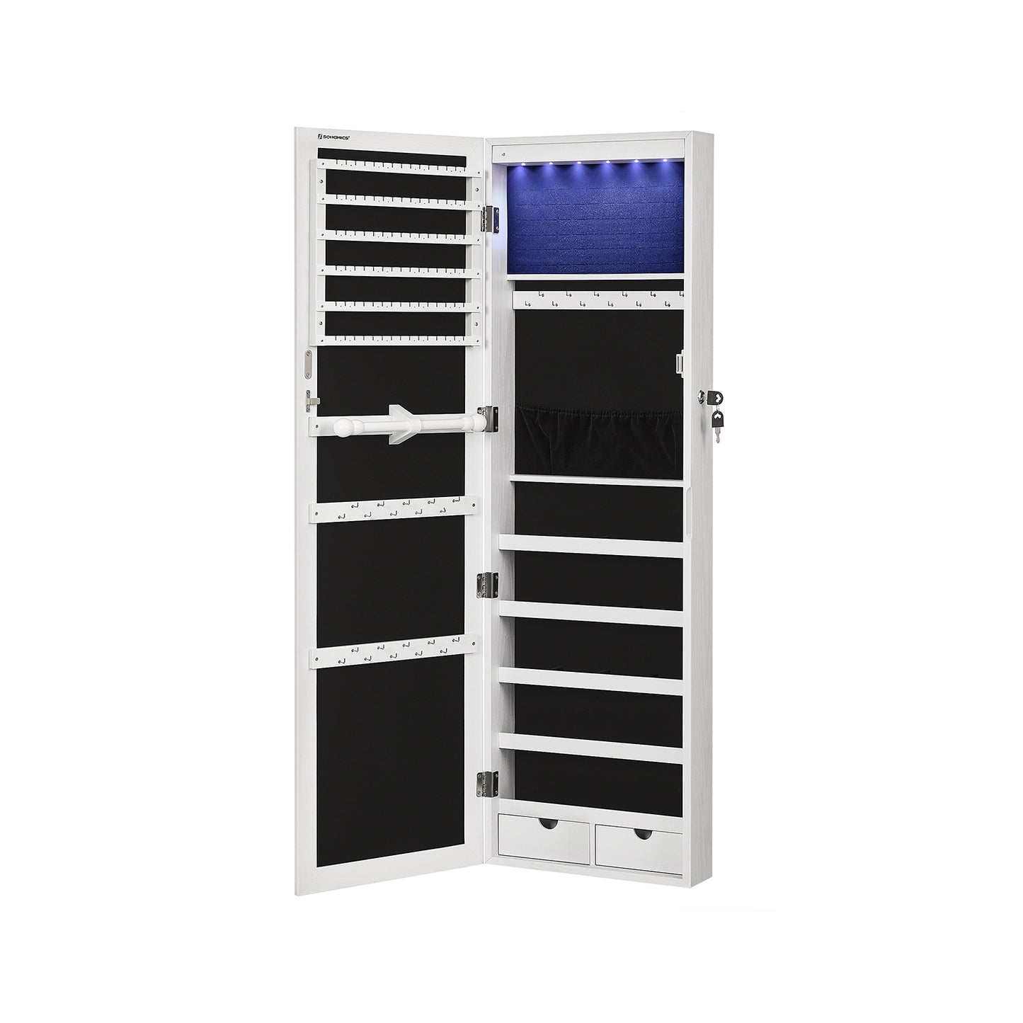 Scatola Portagioie, con 6 Luci a LED, Alto 120 cm, Armadietto Portagioie da Parete o Porta, 2 Cassetti, Bianco, SONGMICS, 2