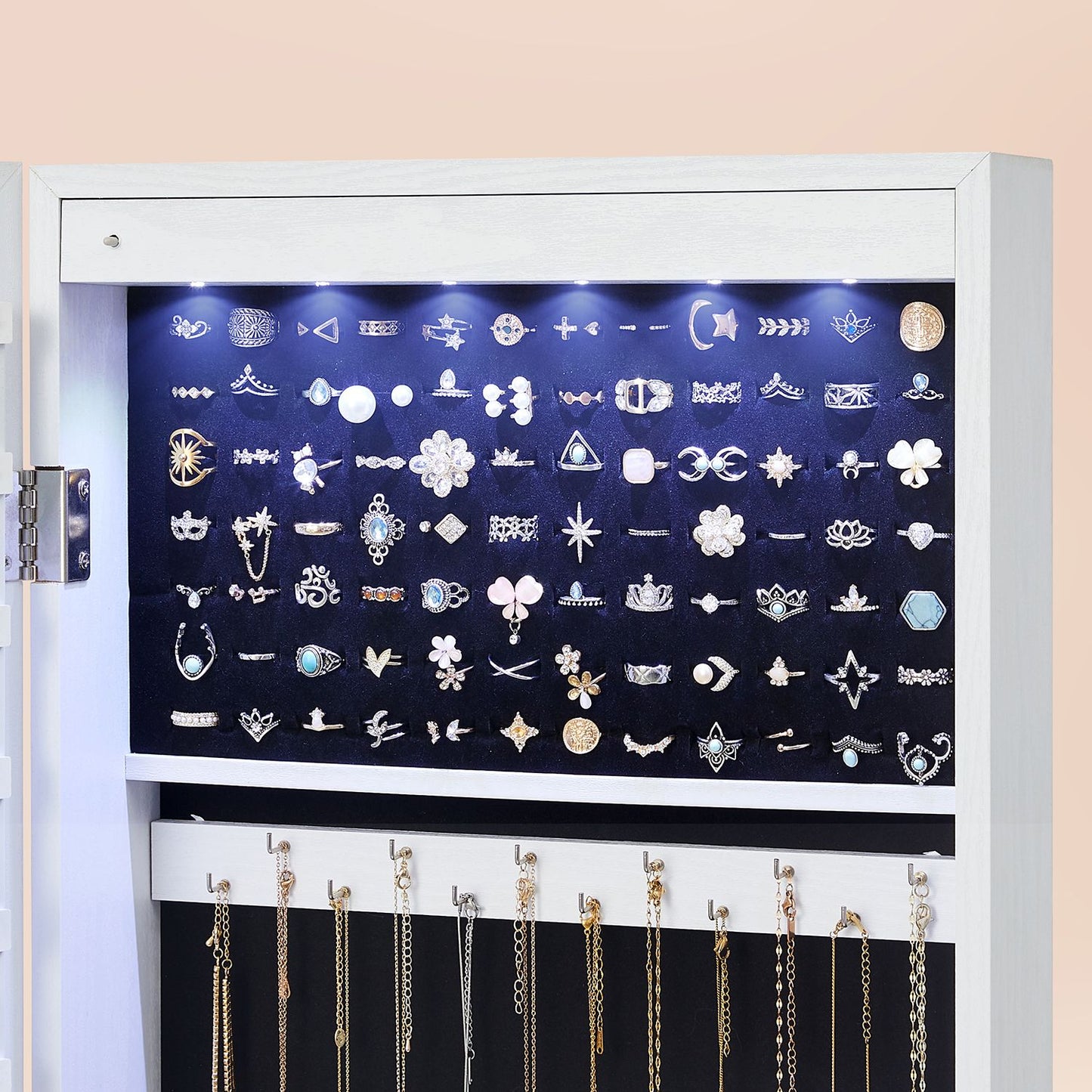 Scatola Portagioie, con 6 Luci a LED, Alto 120 cm, Armadietto Portagioie da Parete o Porta, 2 Cassetti, Bianco, SONGMICS, 8
