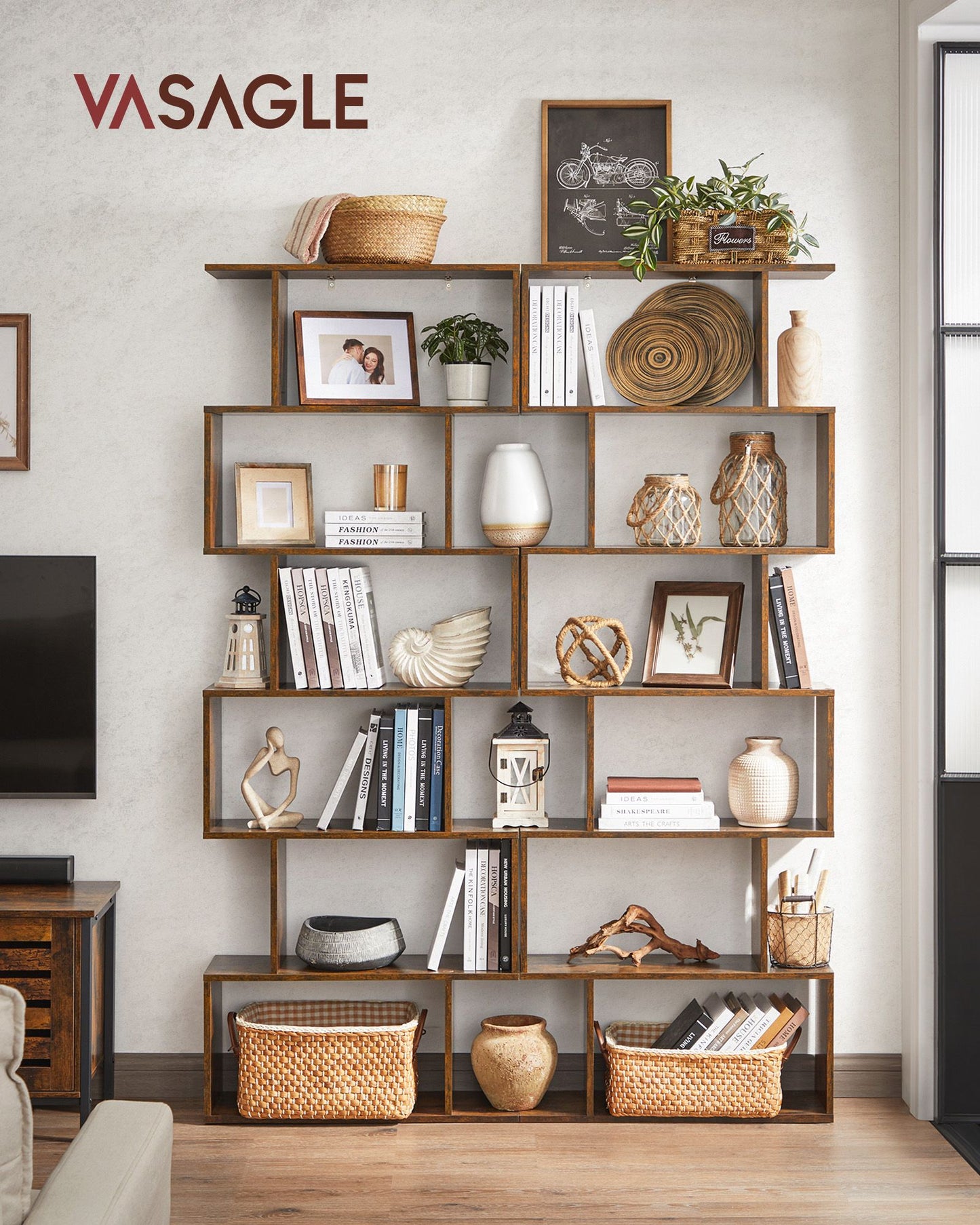 Scaffale, Scaffale libreria, 6 Ripiani, Divisorio per Stanza, Organizzatore Autoportante a Cubi, Stile Moderno, Marrone, VASAGLE, 3