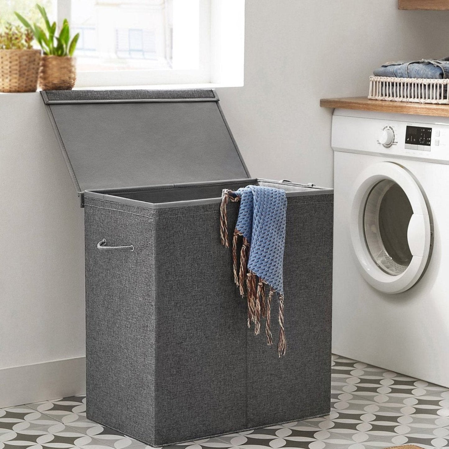 Cesto Portabiancheria, 142 L, 2 scomparti, separatore di vestiti con coperchio magnetico, pieghevole, Grigio, SONGMICS, 1