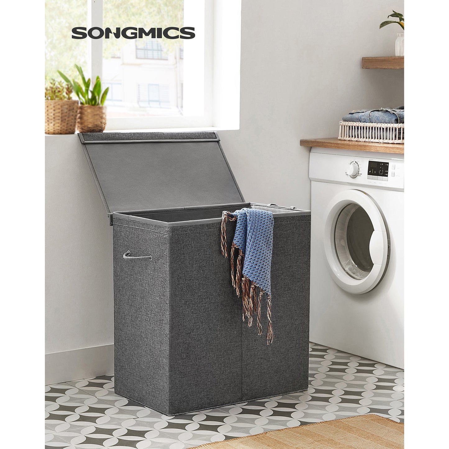 Cesto Portabiancheria, 142 L, 2 scomparti, separatore di vestiti con coperchio magnetico, pieghevole, Grigio, SONGMICS, 3