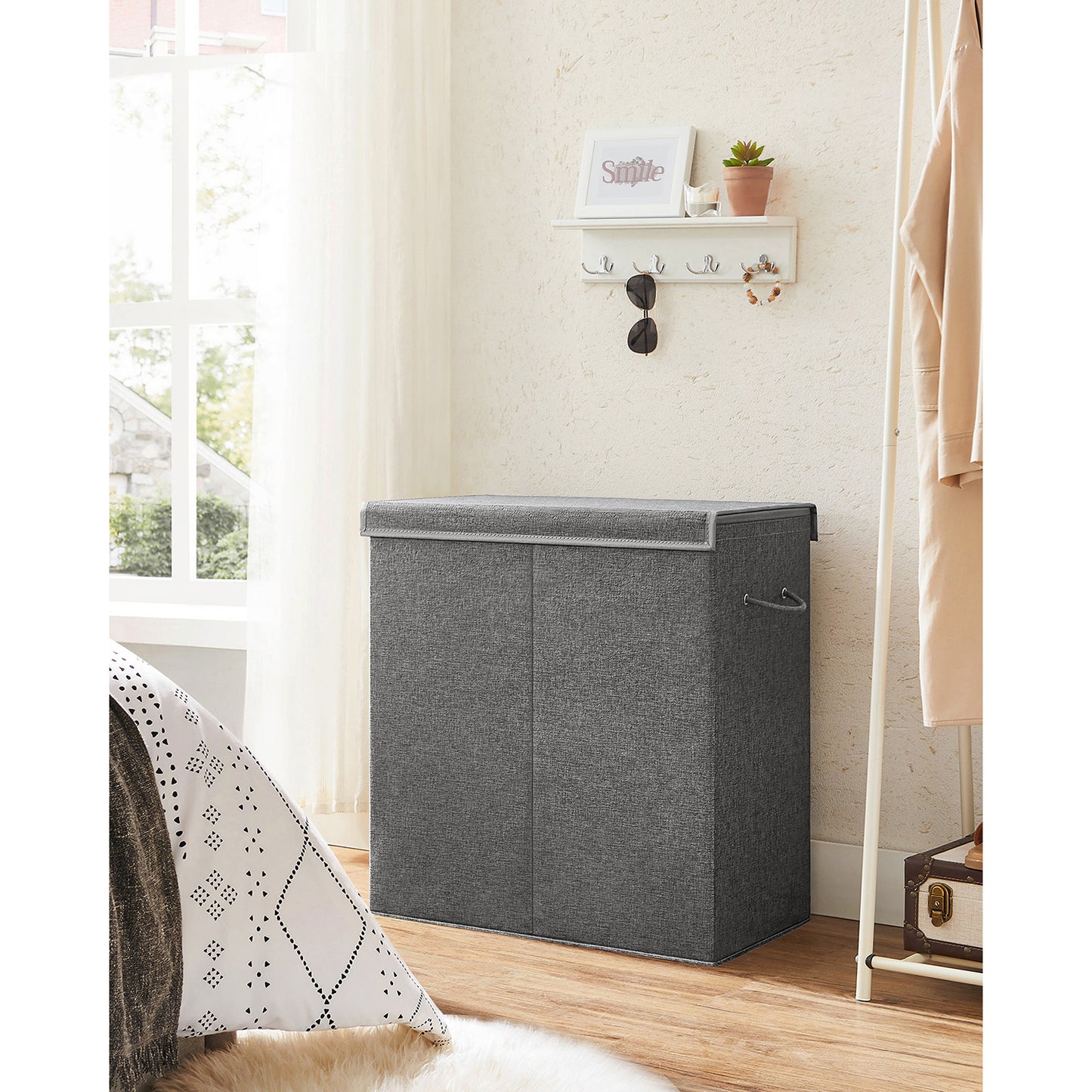 Cesto Portabiancheria, 142 L, 2 scomparti, separatore di vestiti con coperchio magnetico, pieghevole, Grigio, SONGMICS, 4