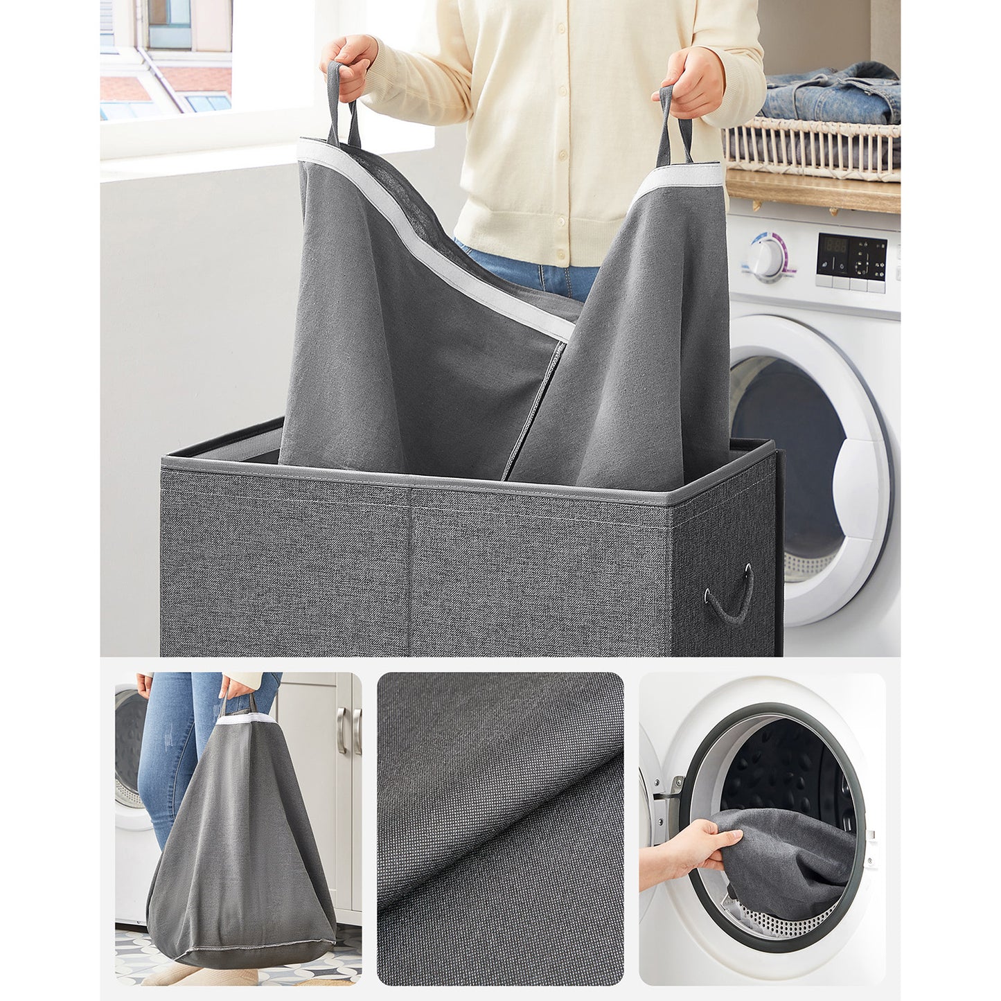 Cesto Portabiancheria, 142 L, 2 scomparti, separatore di vestiti con coperchio magnetico, pieghevole, Grigio, SONGMICS, 6