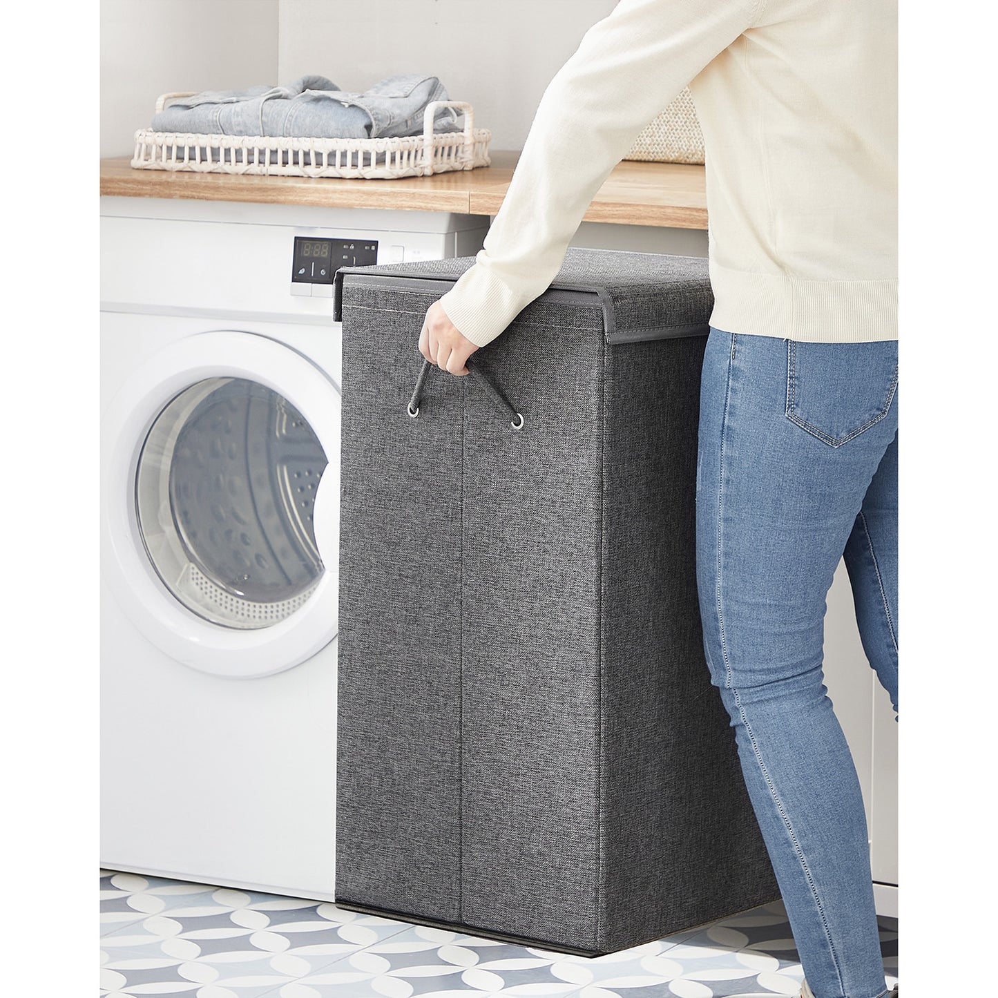 Cesto Portabiancheria, 142 L, 2 scomparti, separatore di vestiti con coperchio magnetico, pieghevole, Grigio, SONGMICS, 7