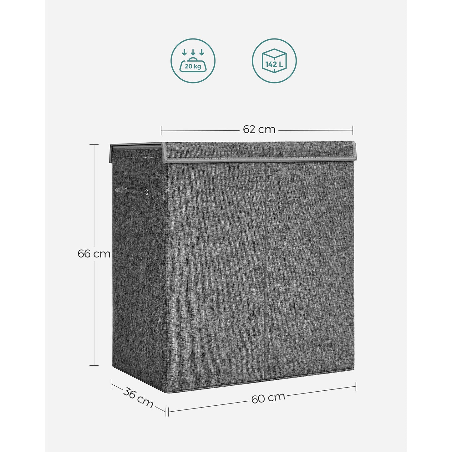 Cesto Portabiancheria, 142 L, 2 scomparti, separatore di vestiti con coperchio magnetico, pieghevole, Grigio, SONGMICS, 8