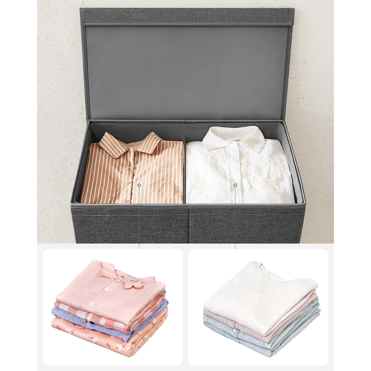 Cesto Portabiancheria, 142 L, 2 scomparti, separatore di vestiti con coperchio magnetico, pieghevole, Grigio, SONGMICS, 9