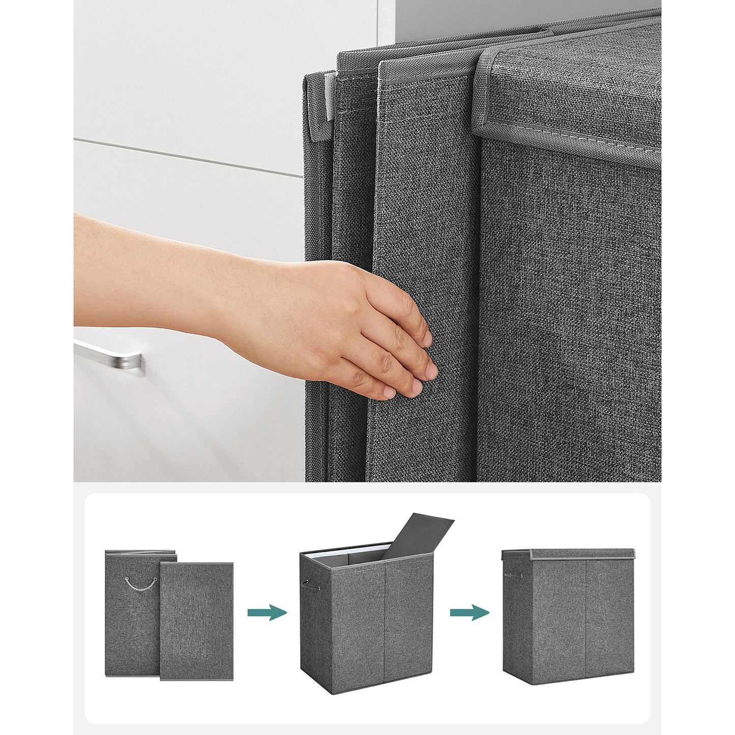 Cesto Portabiancheria, 142 L, 2 scomparti, separatore di vestiti con coperchio magnetico, pieghevole, Grigio, SONGMICS, 10