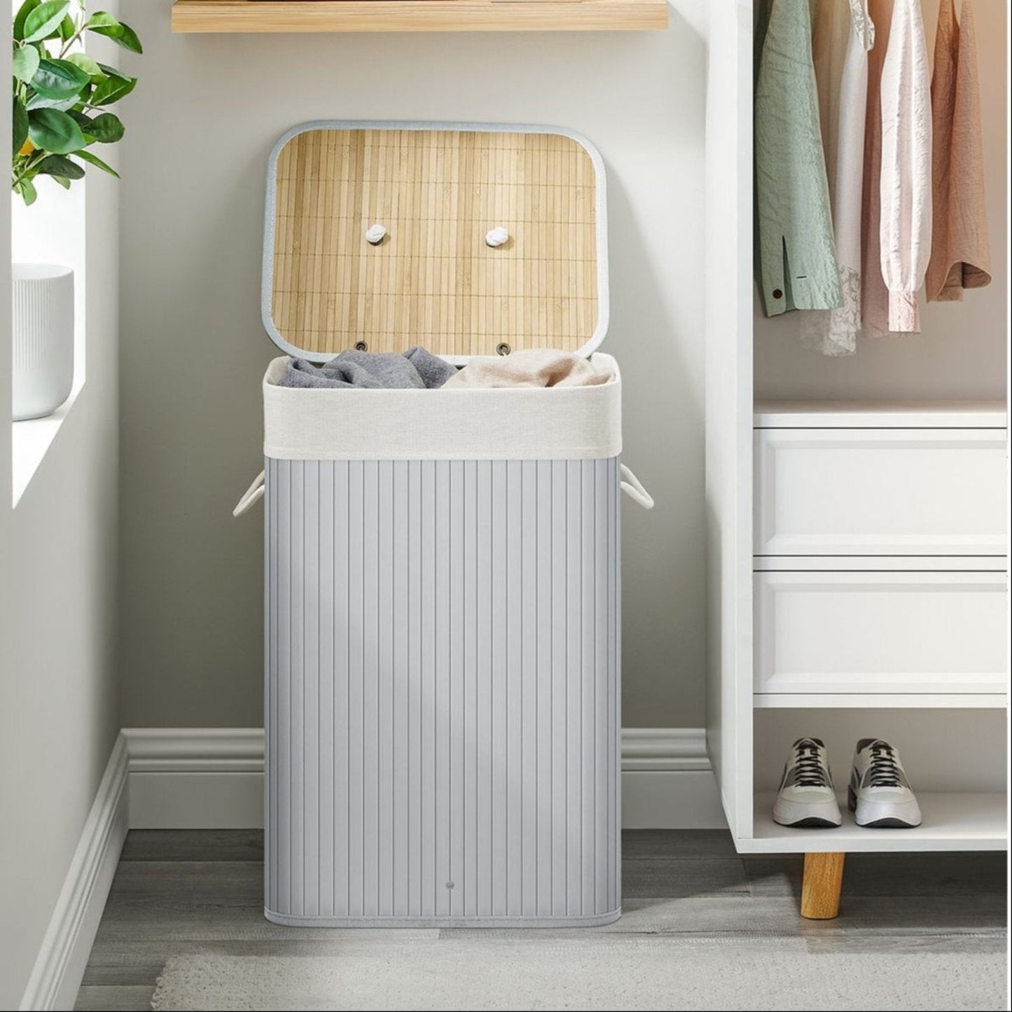 Cesto Portabiancheria, 72 L, con coperchio, in bambù pieghevole, con borsa rimovibile lavabile, Grigio, SONGMICS, 1