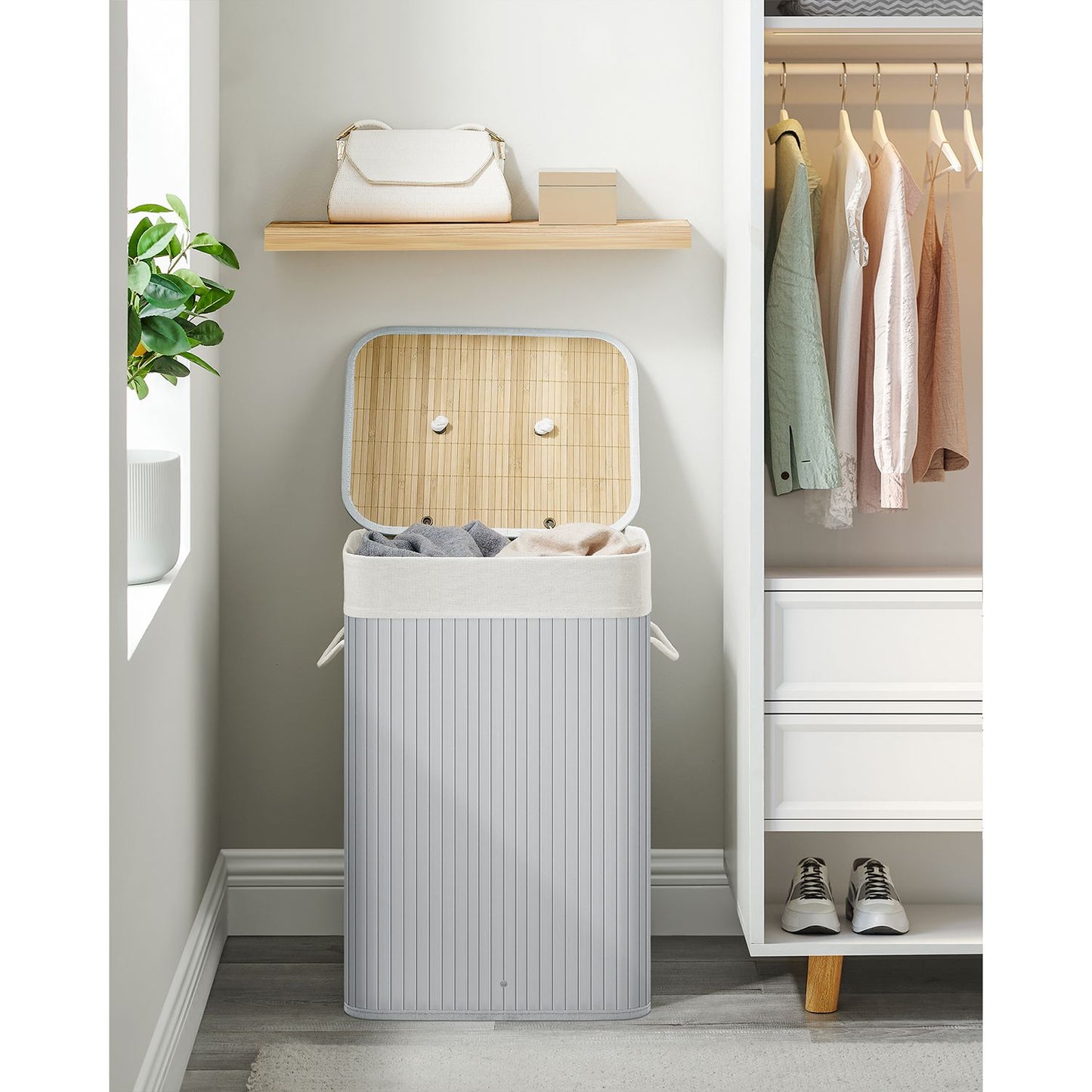 Cesto Portabiancheria, 72 L, con coperchio, in bambù pieghevole, con borsa rimovibile lavabile, Grigio, SONGMICS, 4