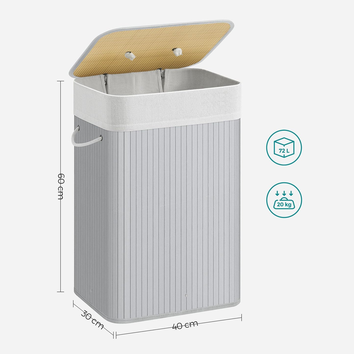 Cesto Portabiancheria, 72 L, con coperchio, in bambù pieghevole, con borsa rimovibile lavabile, Grigio, SONGMICS, 7