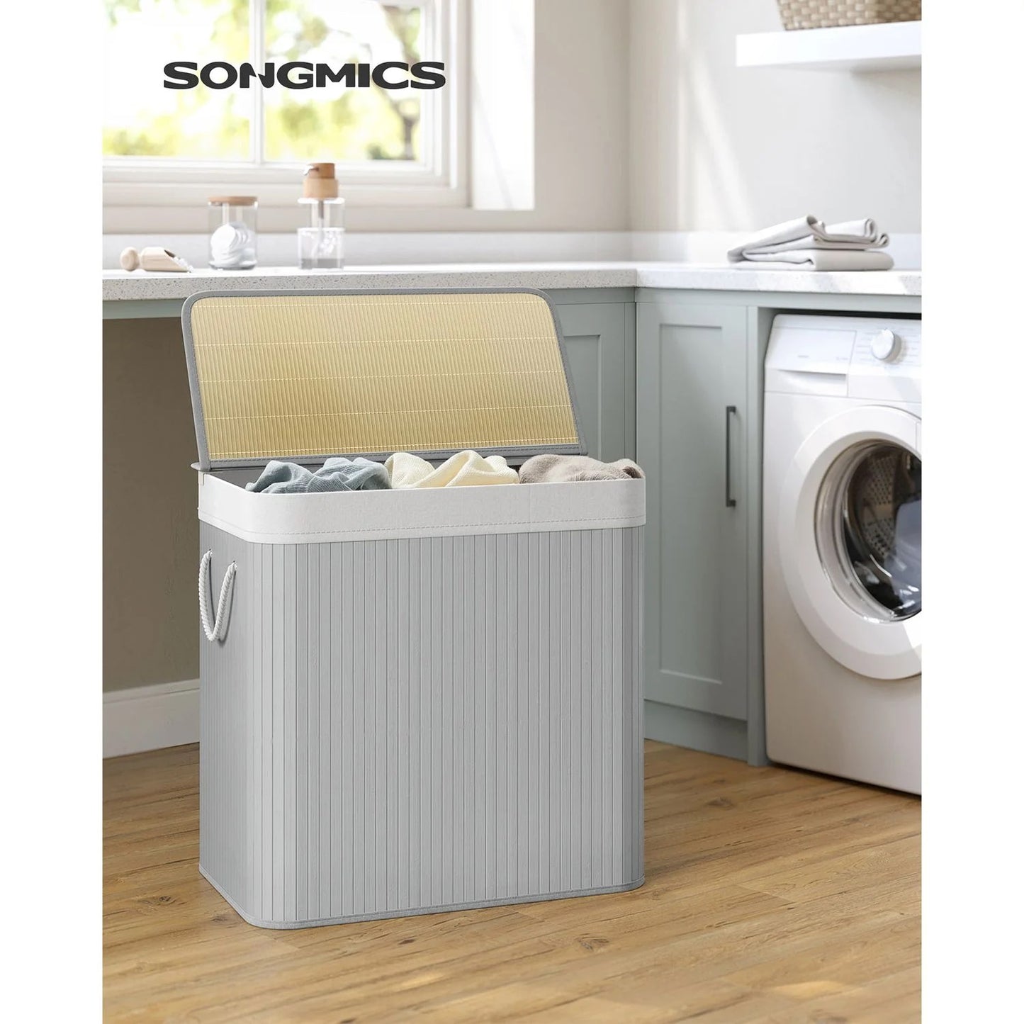 Songmics, Cesto Portabiancheria, 3 Scomparti, Cesto Portabiancheria, Cesta Biancheria, Coperchio, Maniglie, Sacco, 7