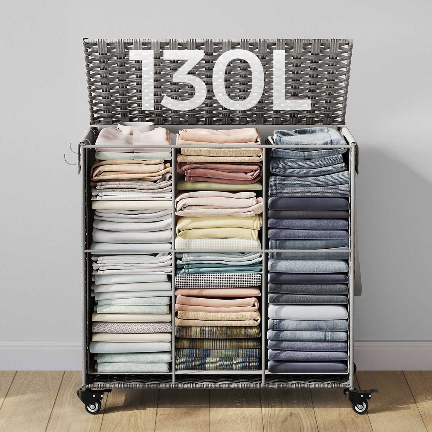Songmics, Cesto Portabiancheria Vimini, Cesta Panni Sporchi, con coperchio, 140 l, ruote, 3 scomparti, borsa rimovibile