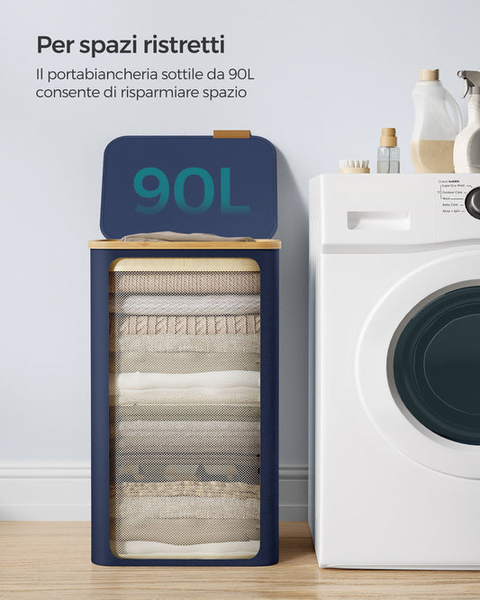 Cesto Portabiancheria, 90L, Cesto Biancheria, con Coperchio, Cesta per Bucato, Salvaspazio, Sacco Rimovibile, Blu, SONGMICS, 4