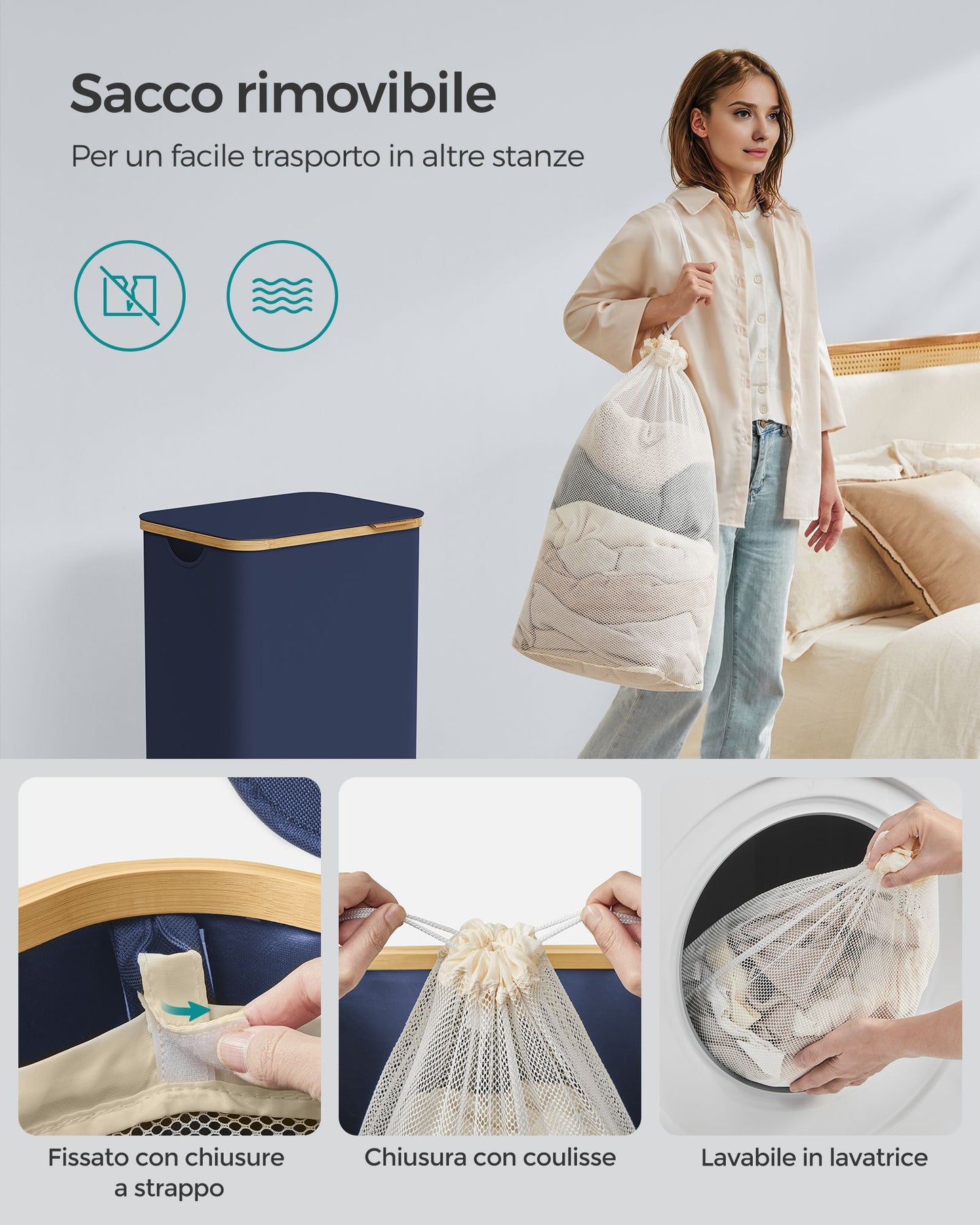 Cesto Portabiancheria, 90L, Cesto Biancheria, con Coperchio, Cesta per Bucato, Salvaspazio, Sacco Rimovibile, Blu, SONGMICS, 6