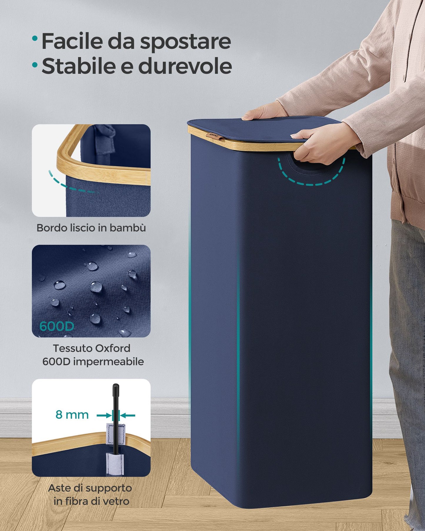 Cesto Portabiancheria, 90L, Cesto Biancheria, con Coperchio, Cesta per Bucato, Salvaspazio, Sacco Rimovibile, Blu, SONGMICS, 8