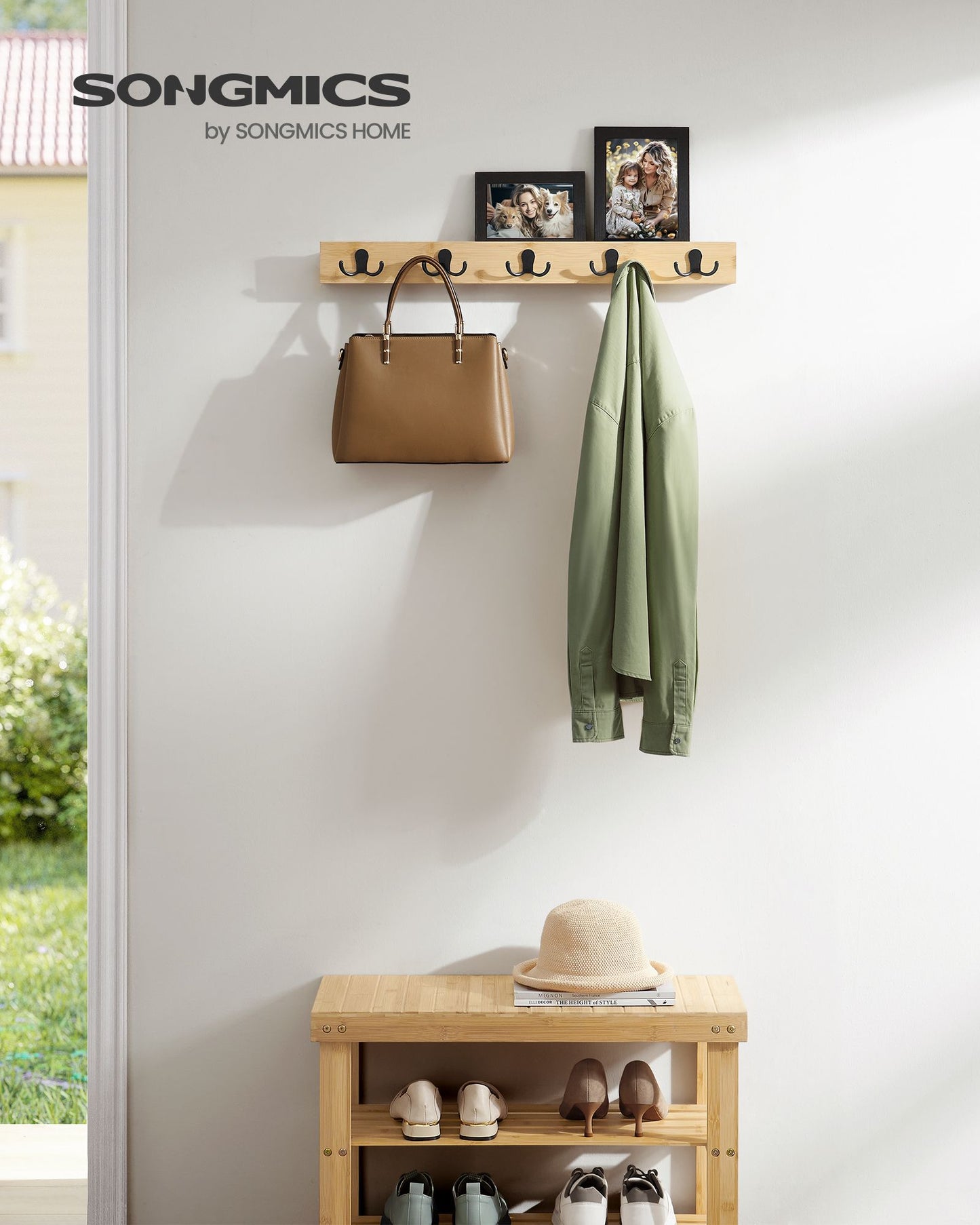 Appendiabiti a Muro, Attaccapanni da Muro, con Mensola, 5 Ganci Doppi in Metallo, con Portata di 25kg, Beige Naturale, SONGMICS, 3
