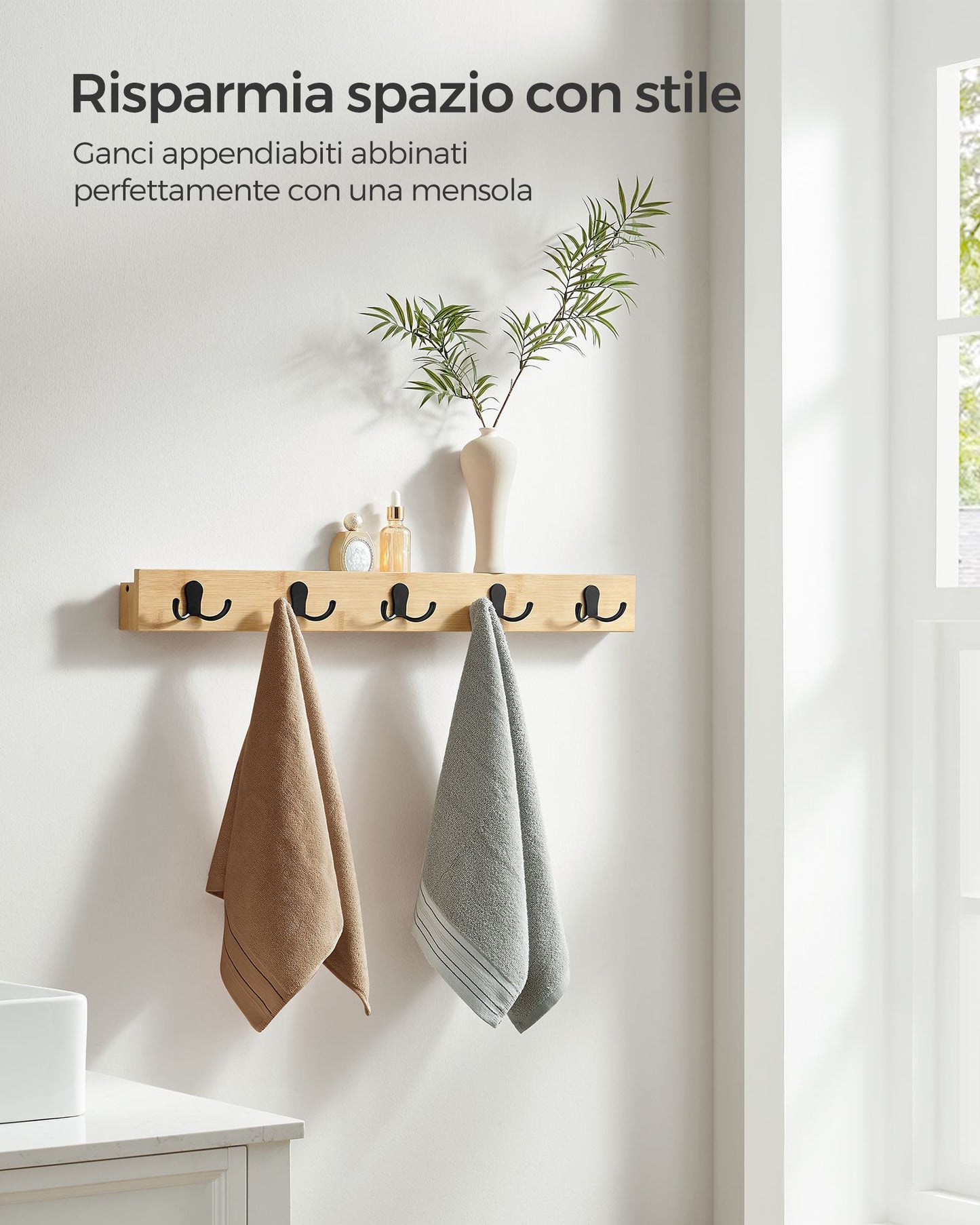 Appendiabiti a Muro, Attaccapanni da Muro, con Mensola, 5 Ganci Doppi in Metallo, con Portata di 25kg, Beige Naturale, SONGMICS, 4