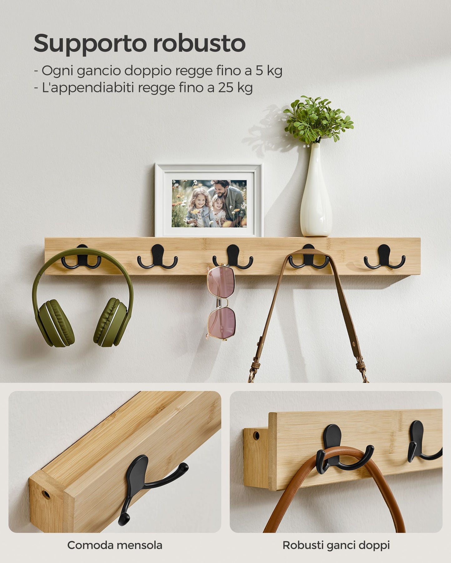 Appendiabiti a Muro, Attaccapanni da Muro, con Mensola, 5 Ganci Doppi in Metallo, con Portata di 25kg, Beige Naturale, SONGMICS, 5