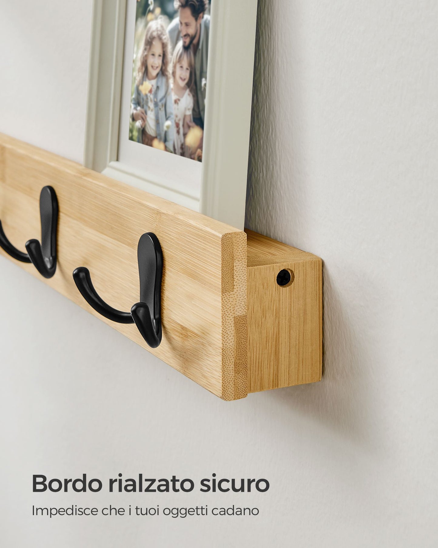 Appendiabiti a Muro, Attaccapanni da Muro, con Mensola, 5 Ganci Doppi in Metallo, con Portata di 25kg, Beige Naturale, SONGMICS, 6