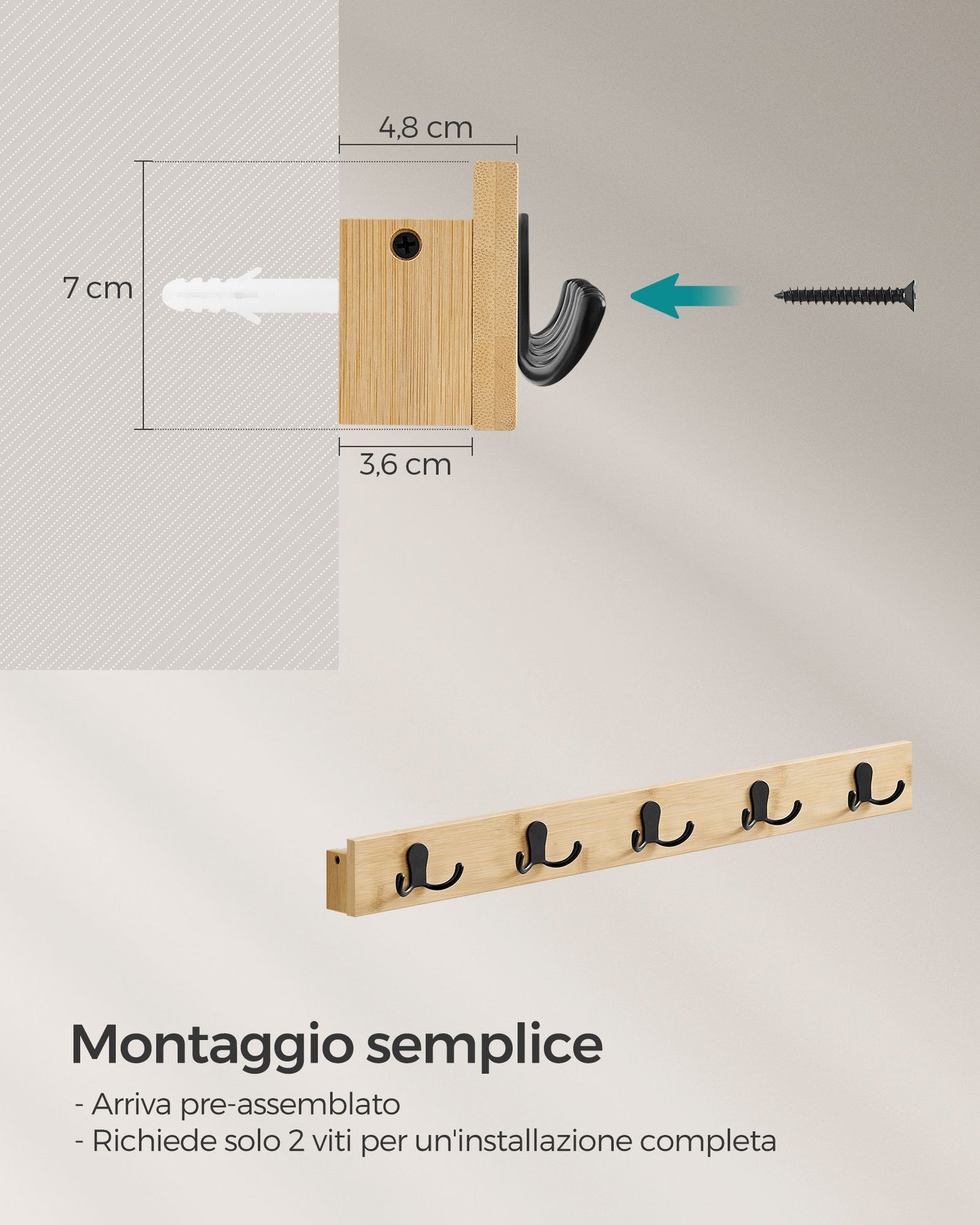 Appendiabiti a Muro, Attaccapanni da Muro, con Mensola, 5 Ganci Doppi in Metallo, con Portata di 25kg, Beige Naturale, SONGMICS, 7