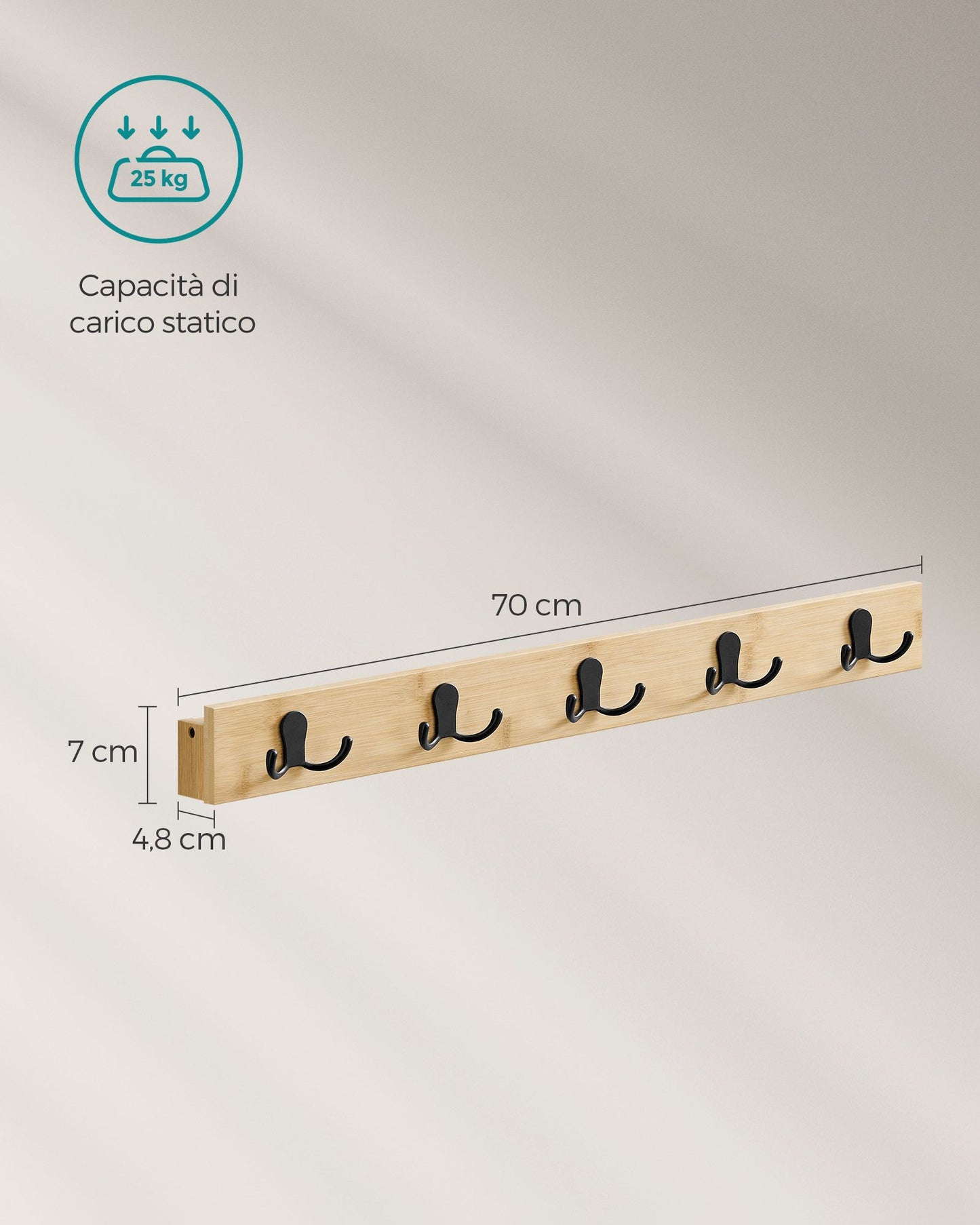 Appendiabiti a Muro, Attaccapanni da Muro, con Mensola, 5 Ganci Doppi in Metallo, con Portata di 25kg, Beige Naturale, SONGMICS, 8