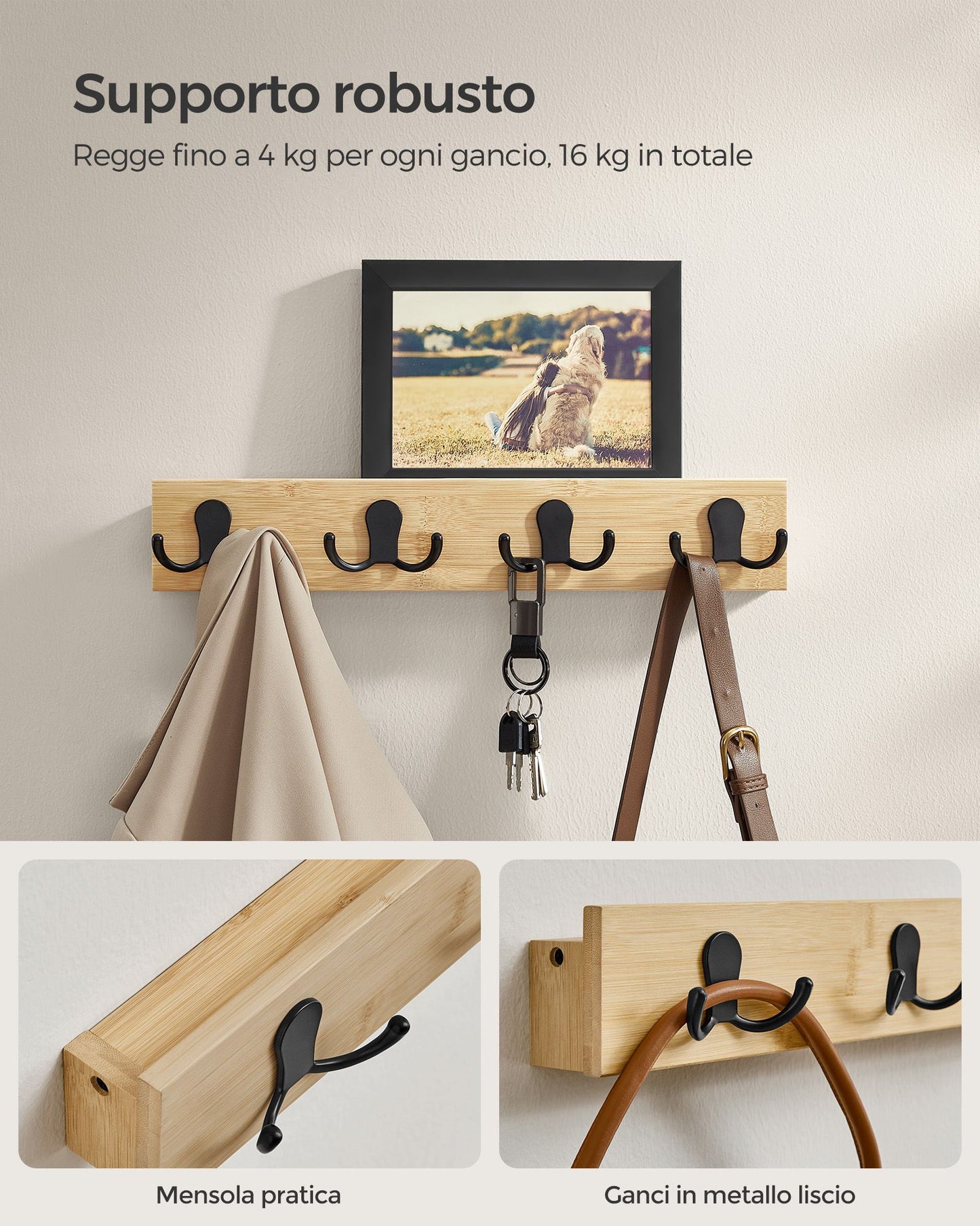 Appendiabiti a muro, Appendiabiti da Parete, con Mensola, 4 Ganci Doppi in Metallo, con Portata di 16kg, Beige, SONGMICS, 4