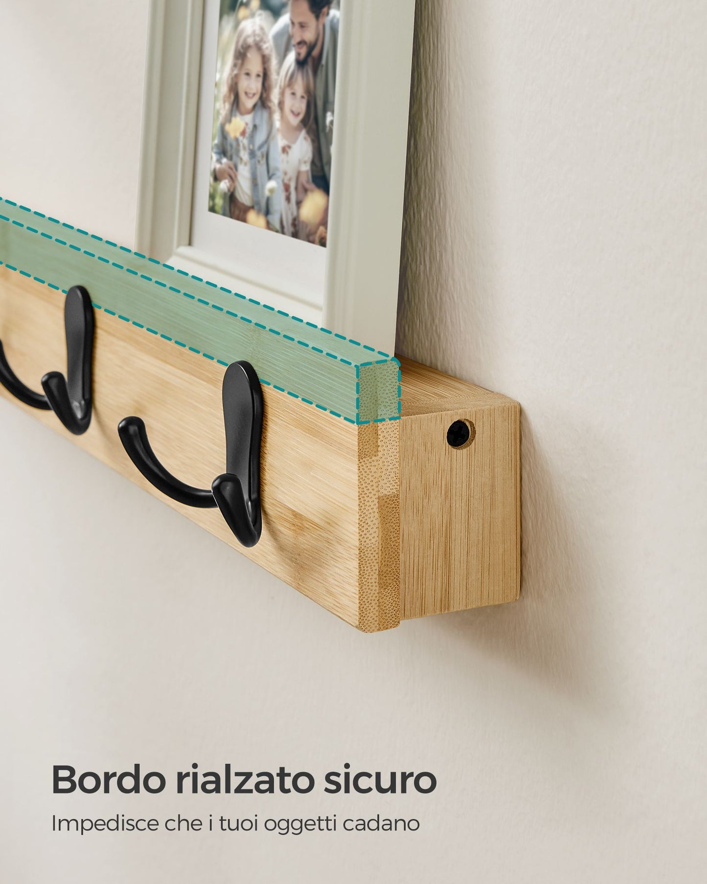 Appendiabiti a muro, Appendiabiti da Parete, con Mensola, 4 Ganci Doppi in Metallo, con Portata di 16kg, Beige, SONGMICS, 6