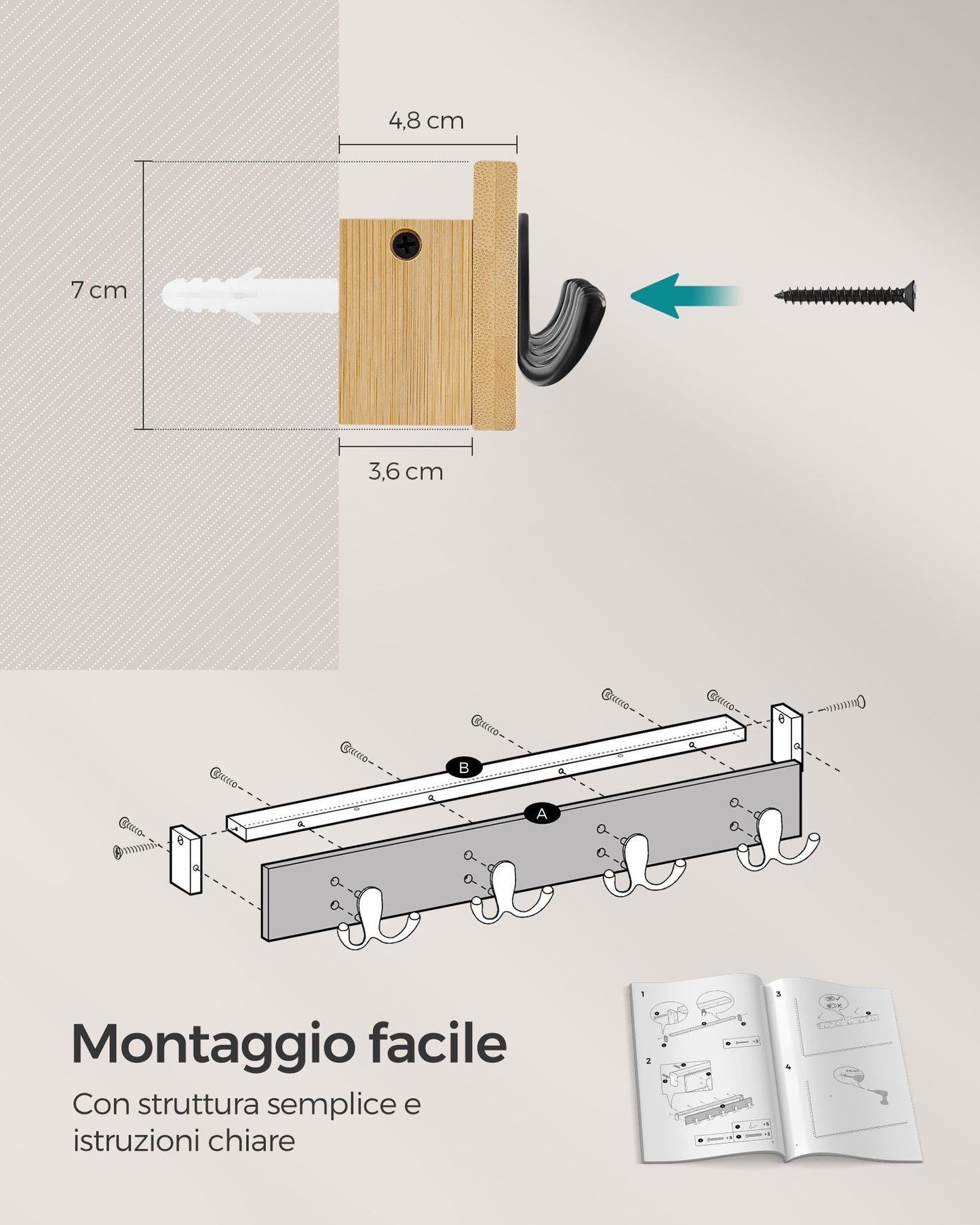Appendiabiti a muro, Appendiabiti da Parete, con Mensola, 4 Ganci Doppi in Metallo, con Portata di 16kg, Beige, SONGMICS, 7
