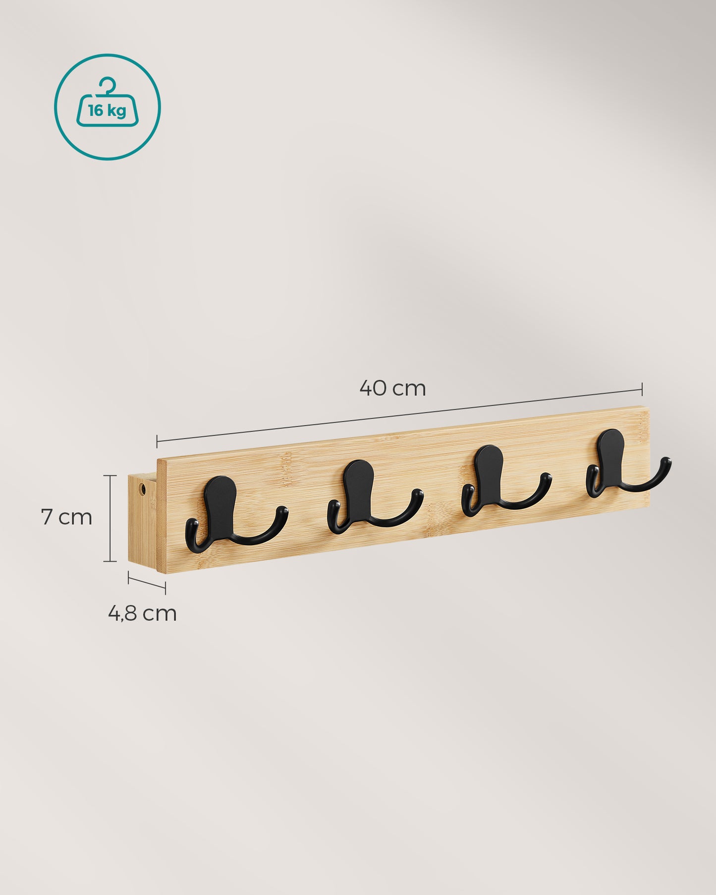 Appendiabiti a muro, Appendiabiti da Parete, con Mensola, 4 Ganci Doppi in Metallo, con Portata di 16kg, Beige, SONGMICS, 8