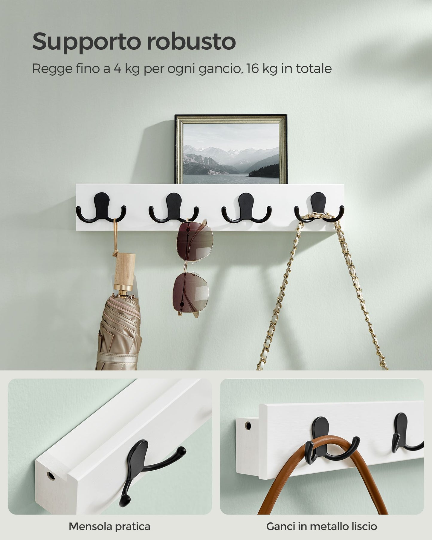 Appendiabiti Parete, Attaccapanni da muro, con Mensola, 4 Ganci Doppi in Metallo, con Portata di 16 kg, Bianco, SONGMICS, 4
