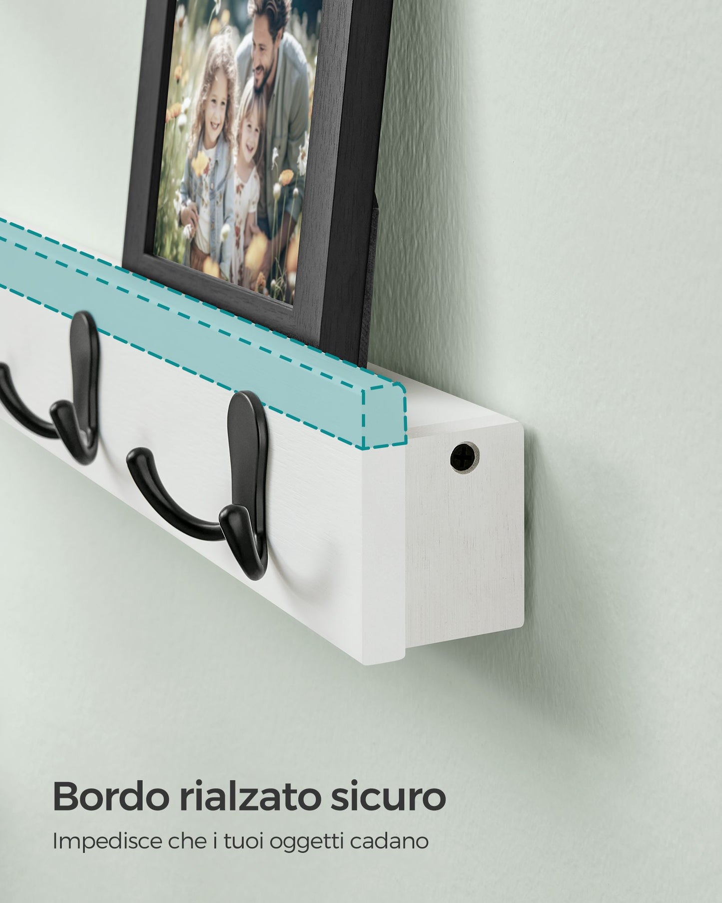Appendiabiti Parete, Attaccapanni da muro, con Mensola, 4 Ganci Doppi in Metallo, con Portata di 16 kg, Bianco, SONGMICS, 6