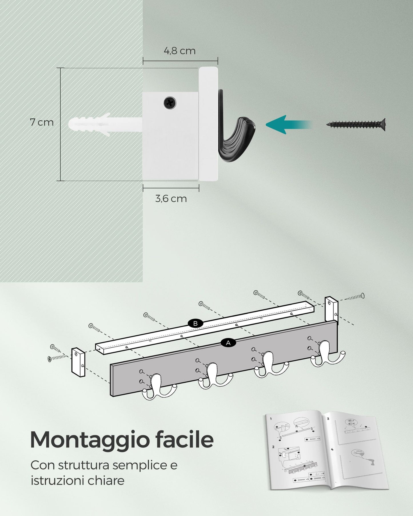 Appendiabiti Parete, Attaccapanni da muro, con Mensola, 4 Ganci Doppi in Metallo, con Portata di 16 kg, Bianco, SONGMICS, 7