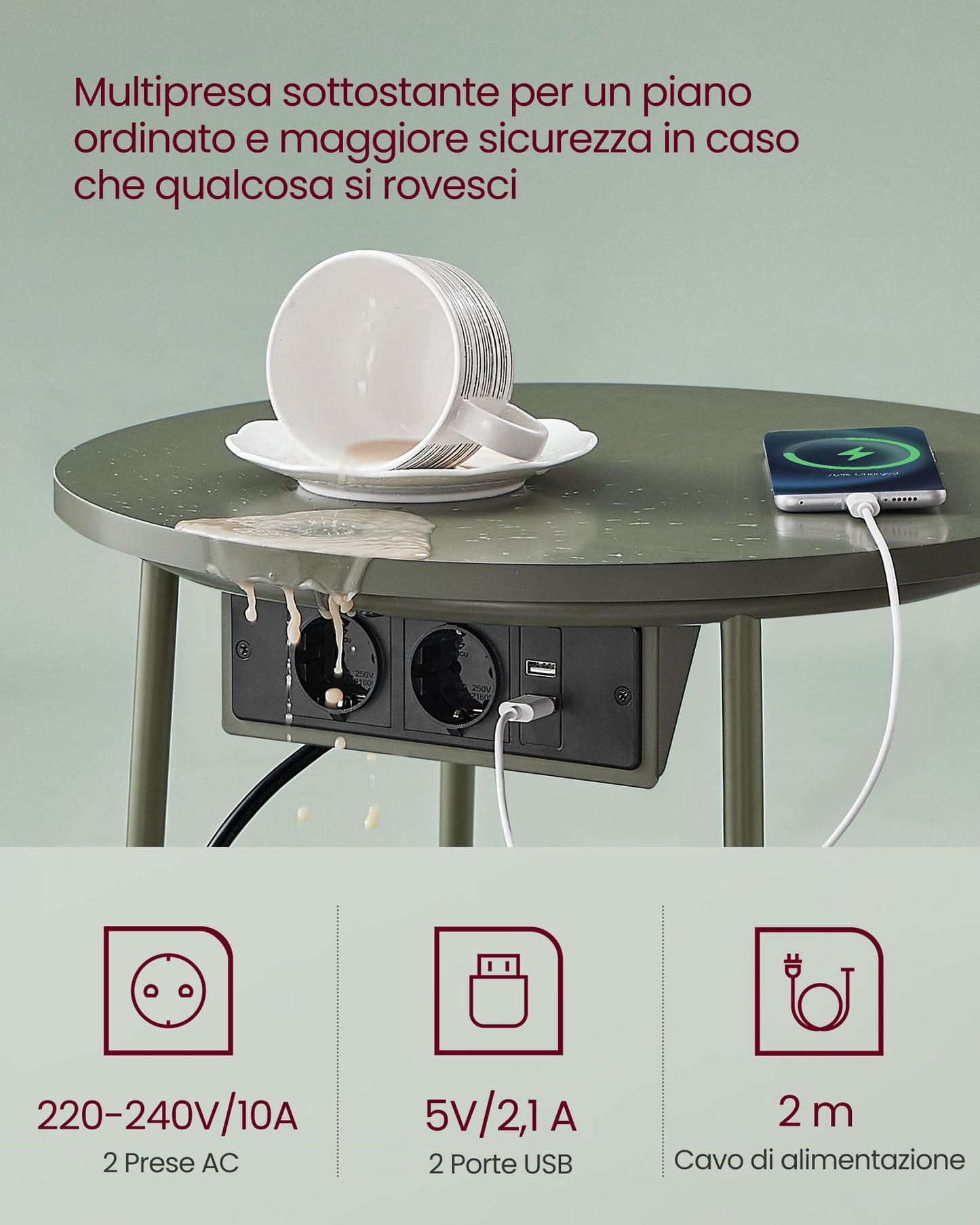 Tavolino Salotto, Comodino, Tavolino, Tavolino Rotondo da Salotto, Tavolino Rotondo con Stazione di Ricarica, VASAGLE, 4