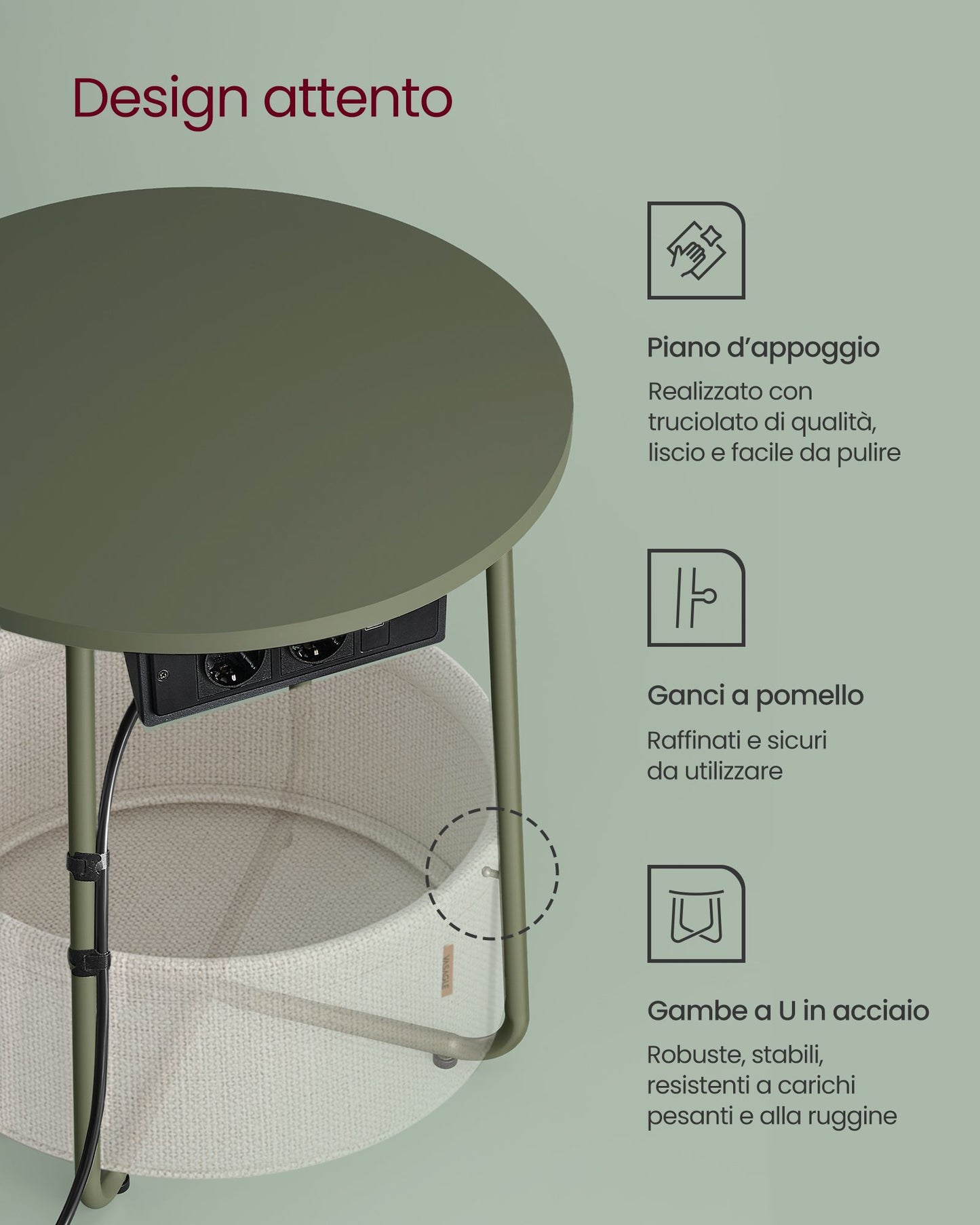 Tavolino Salotto, Comodino, Tavolino, Tavolino Rotondo da Salotto, Tavolino Rotondo con Stazione di Ricarica, VASAGLE, 6