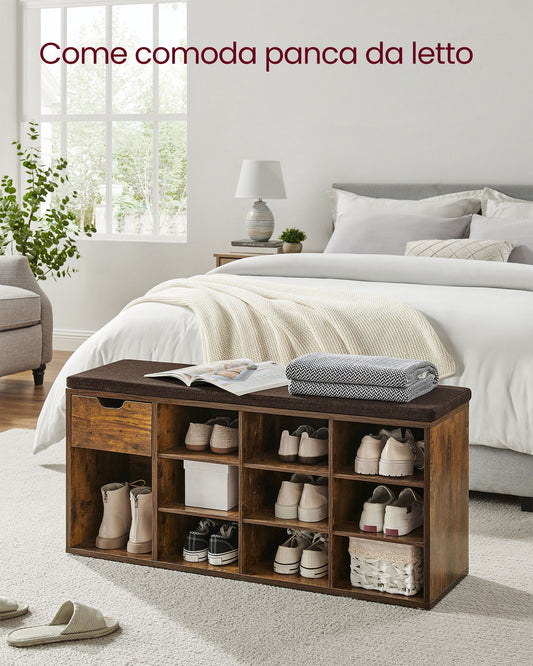 Panca Scarpiera, Scarpiera con Seduta, Scarpiera, con Cassetto e Scomparti Aperti, Scaffale Portascarpe, Marrone, VASAGLE, 2