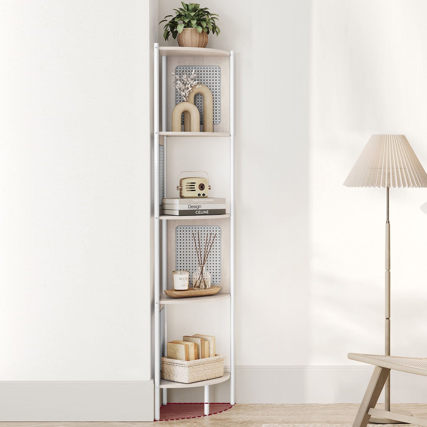 Scaffale Angolare a 5 Ripiani, Libreria con Lati in Polyrattan, Libreria Alta, Scaffale per Libreria, Aperto libreria, Beige Farina D'avena