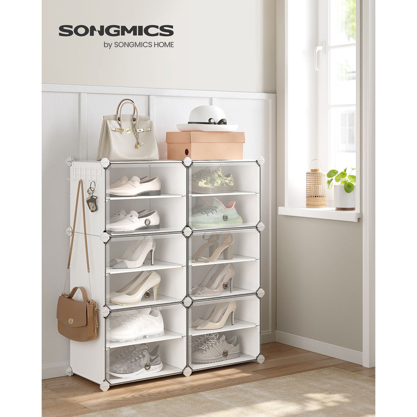 Scarpiera, Scarpiera armadio, 6 Scomparti, Scarpiera Salvaspazio, con Sportello, Portascarpe, Bianco, SONGMICS, 3