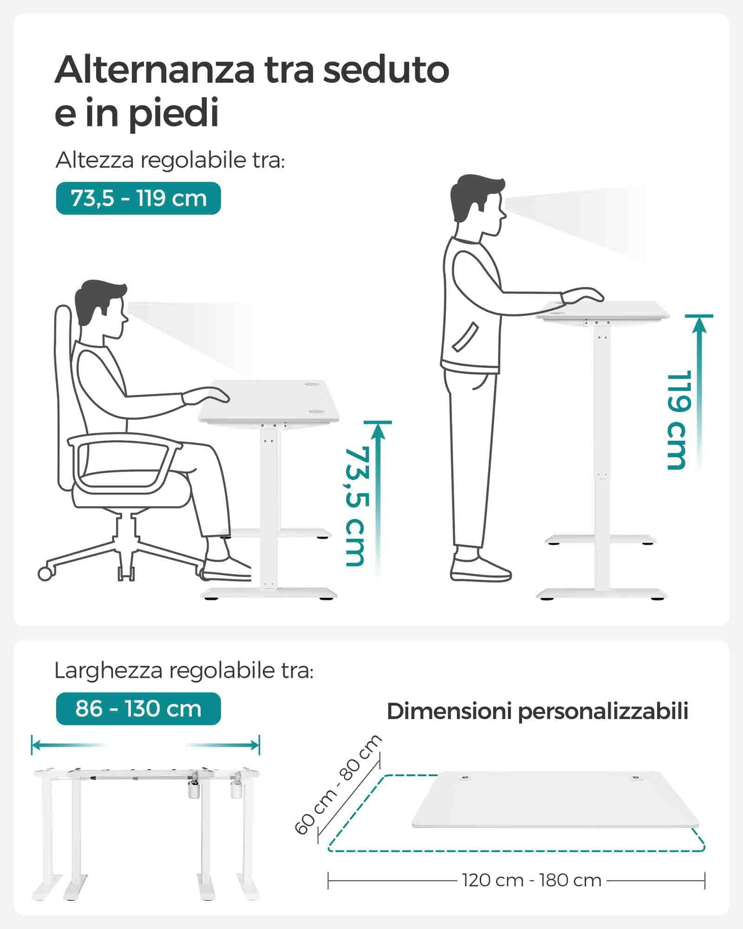 Scrivania Elettrica, Scrivania Regolabile in Altezza, Scrivania PC, 60x120cm, 3 Altezze, Bianco, Songmics, 1