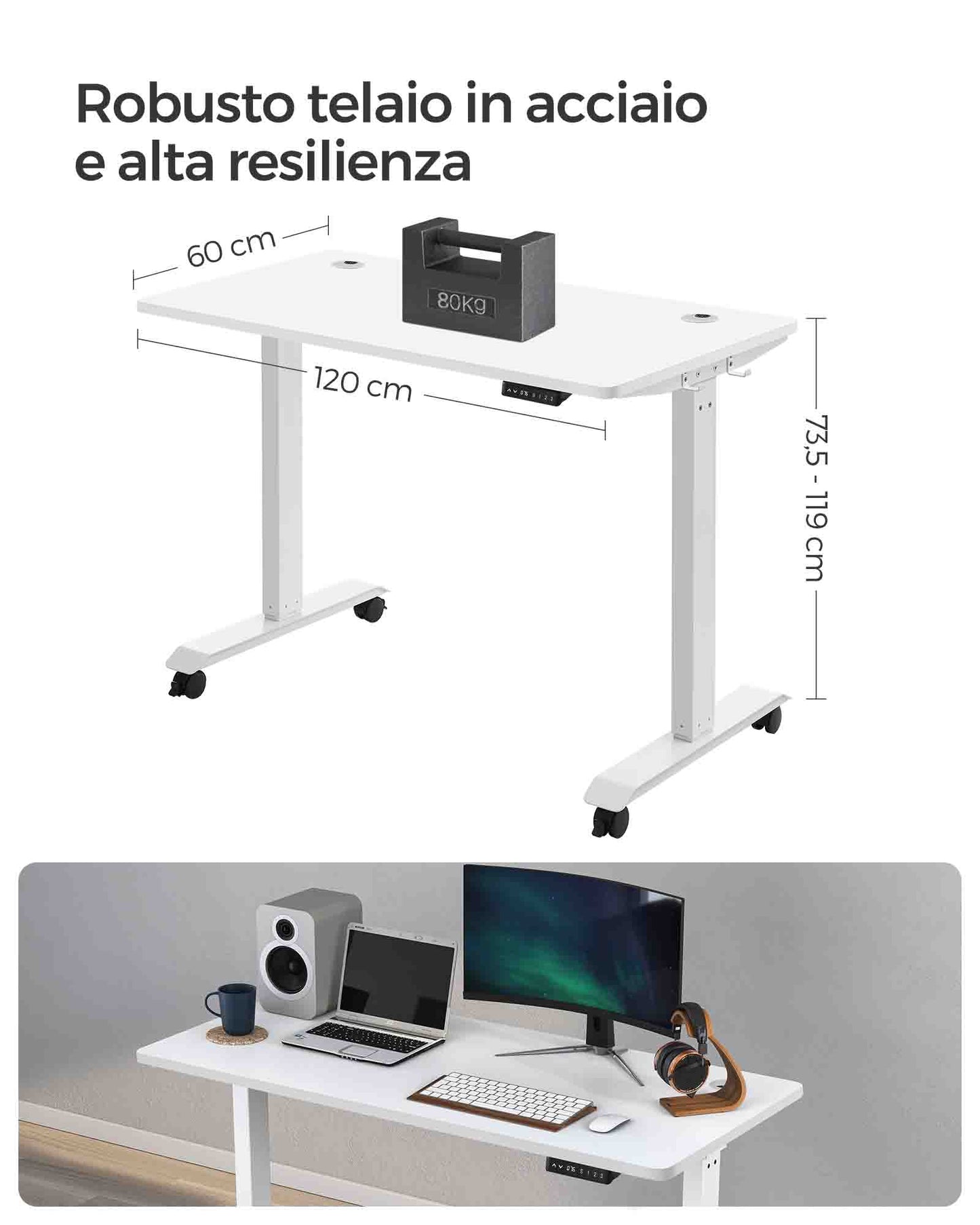 Scrivania Elettrica, Scrivania Regolabile in Altezza, Scrivania PC, 60x120cm, 3 Altezze, Bianco, Songmics, 1