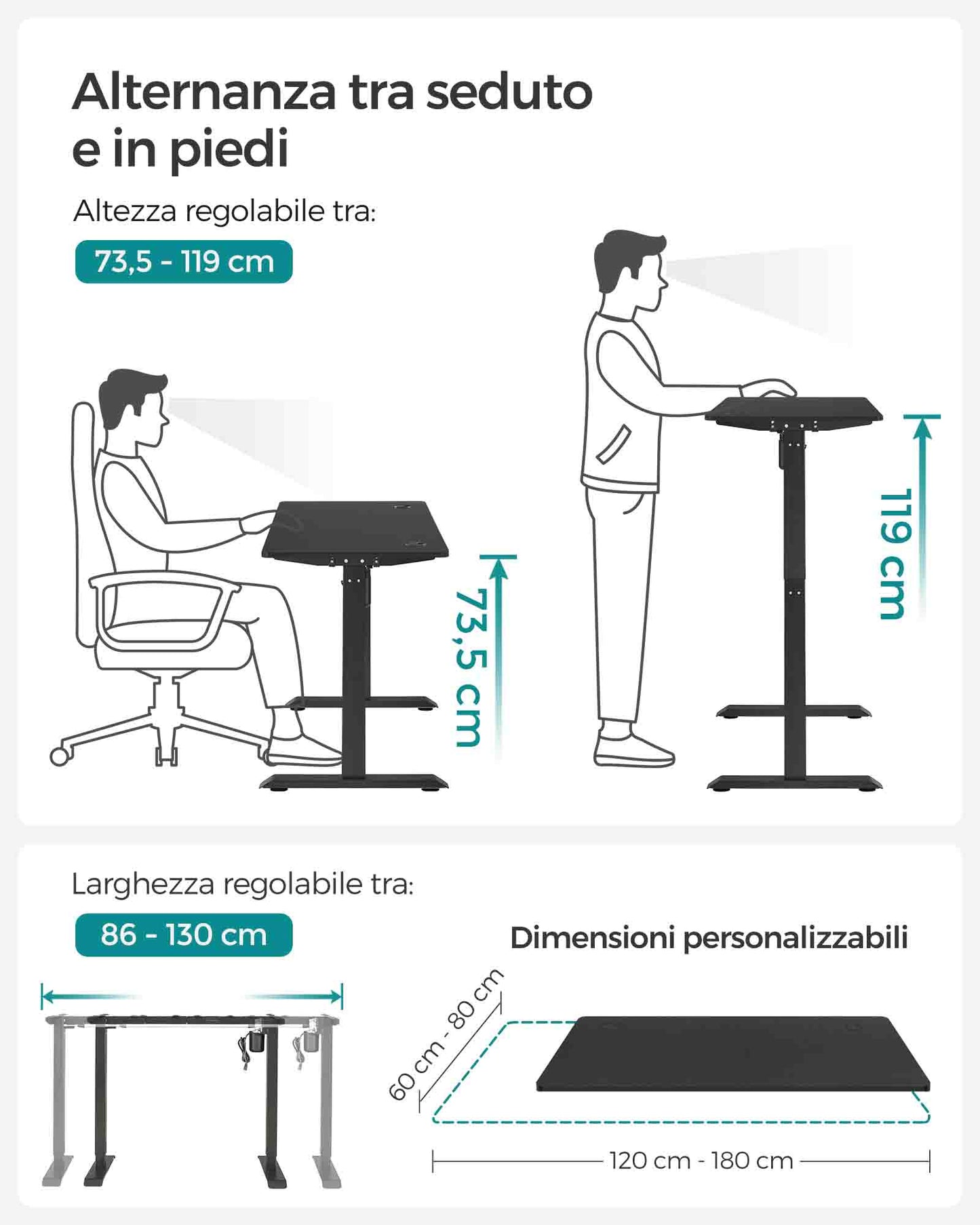 Scrivania Elettrica, Scrivania Regolabile in Altezza, Scrivania PC, 70x140cm, 3 Altezze, Nero, Songmics, 1