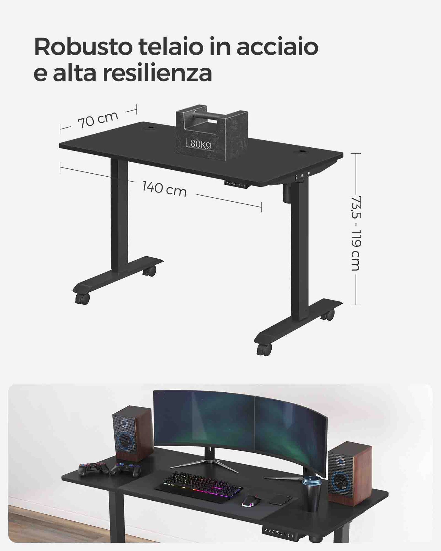 Scrivania Elettrica, Scrivania Regolabile in Altezza, Scrivania PC, 70x140cm, 3 Altezze, Nero, Songmics, 1