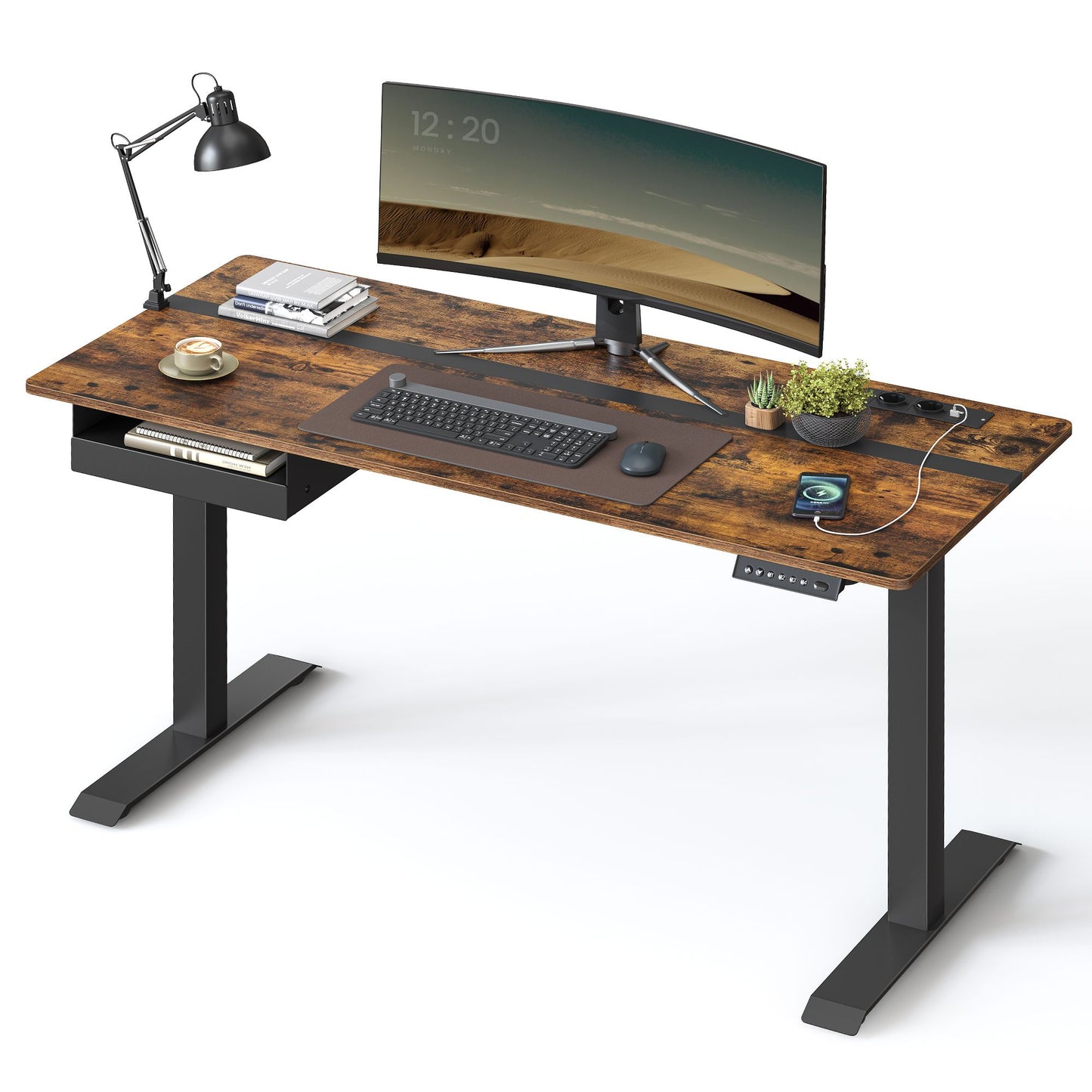 Scrivania Elettrica, Scrivania Regolabile in Altezza, Scrivania PC, 60x140cm, con 4 Altezze, Marrone Vintage e Nero, Vasagle, 1
