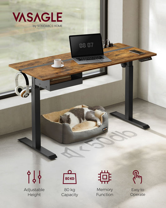 Scrivania Elettrica, Scrivania Regolabile in Altezza, Scrivania PC, 60x140cm, con 4 Altezze, Marrone Vintage e Nero, Vasagle, 1