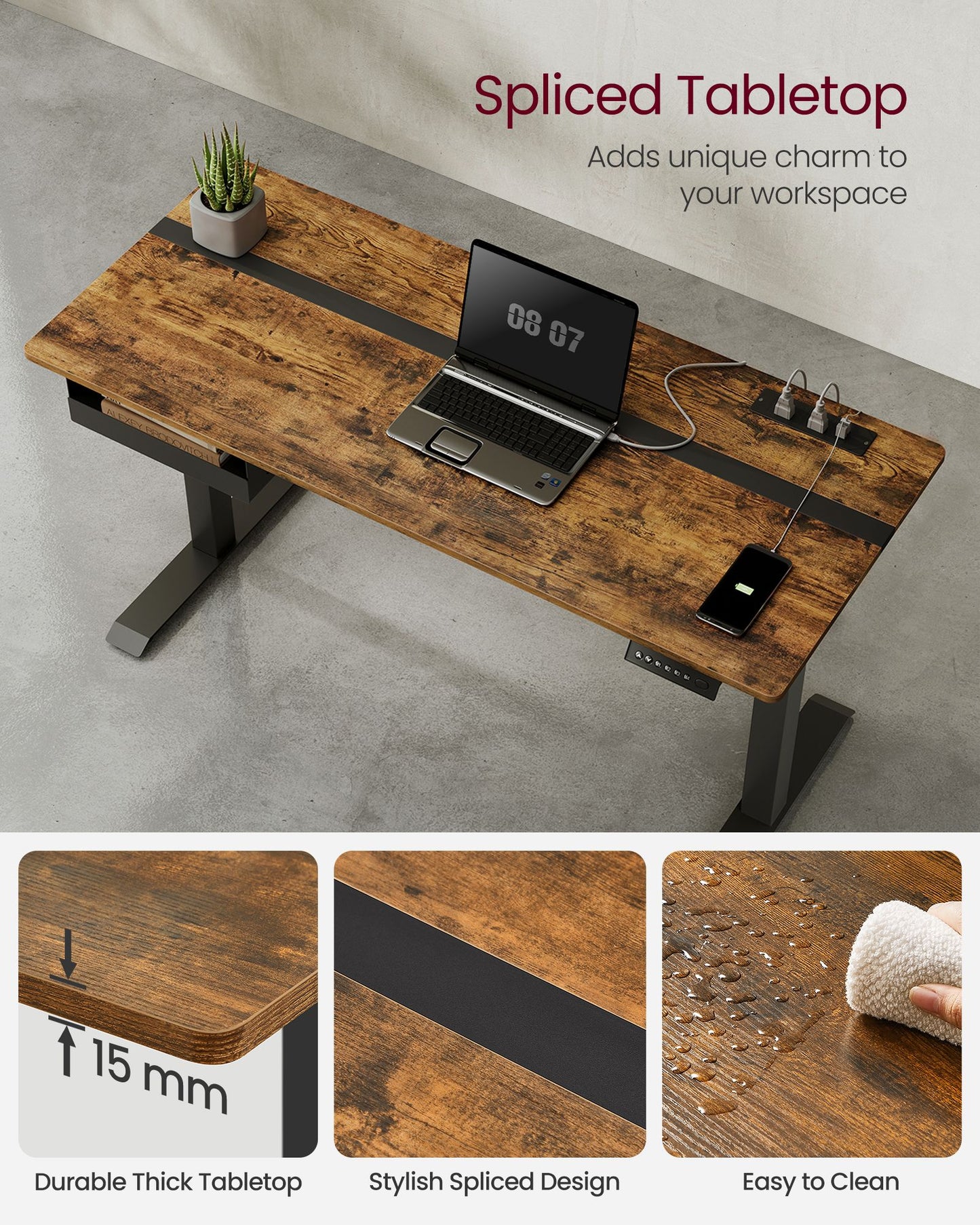 Scrivania Elettrica, Scrivania Regolabile in Altezza, Scrivania PC, 60x140cm, con 4 Altezze, Marrone Vintage e Nero, Vasagle, 1