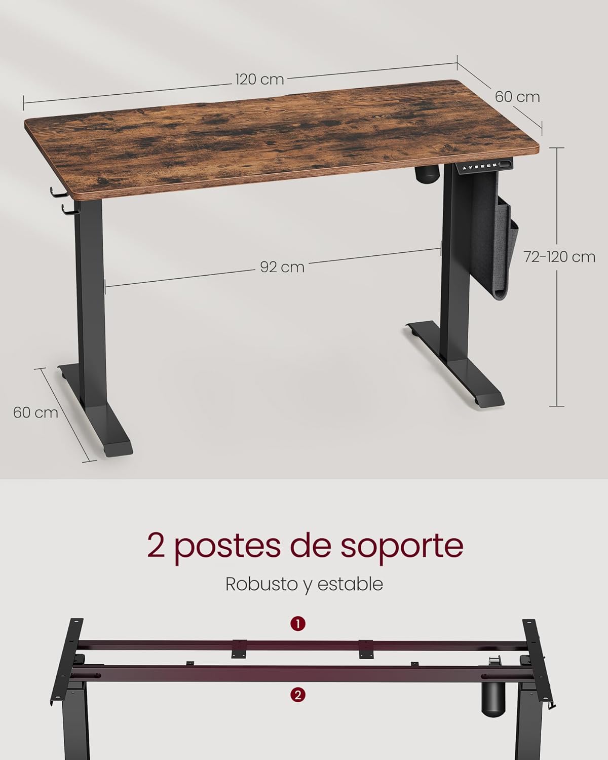 Scrivania Elettrica, Scrivania Regolabile in Altezza, Scrivania PC, 60x120x(72-120)cm, con 4 Altezze, Marrone Vintage, Vasagle, 1