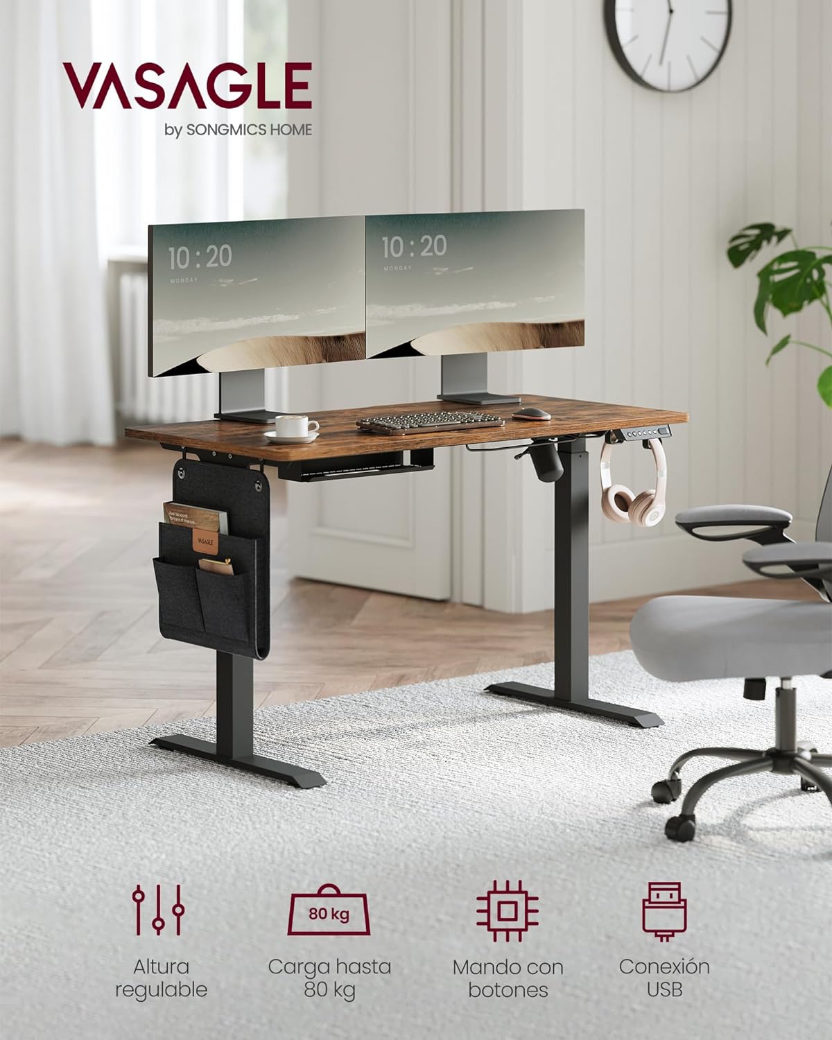 Scrivania Elettrica, Scrivania Regolabile in Altezza, Scrivania PC, 60x120x(72-120)cm, con 4 Altezze, Marrone Vintage, Vasagle, 1