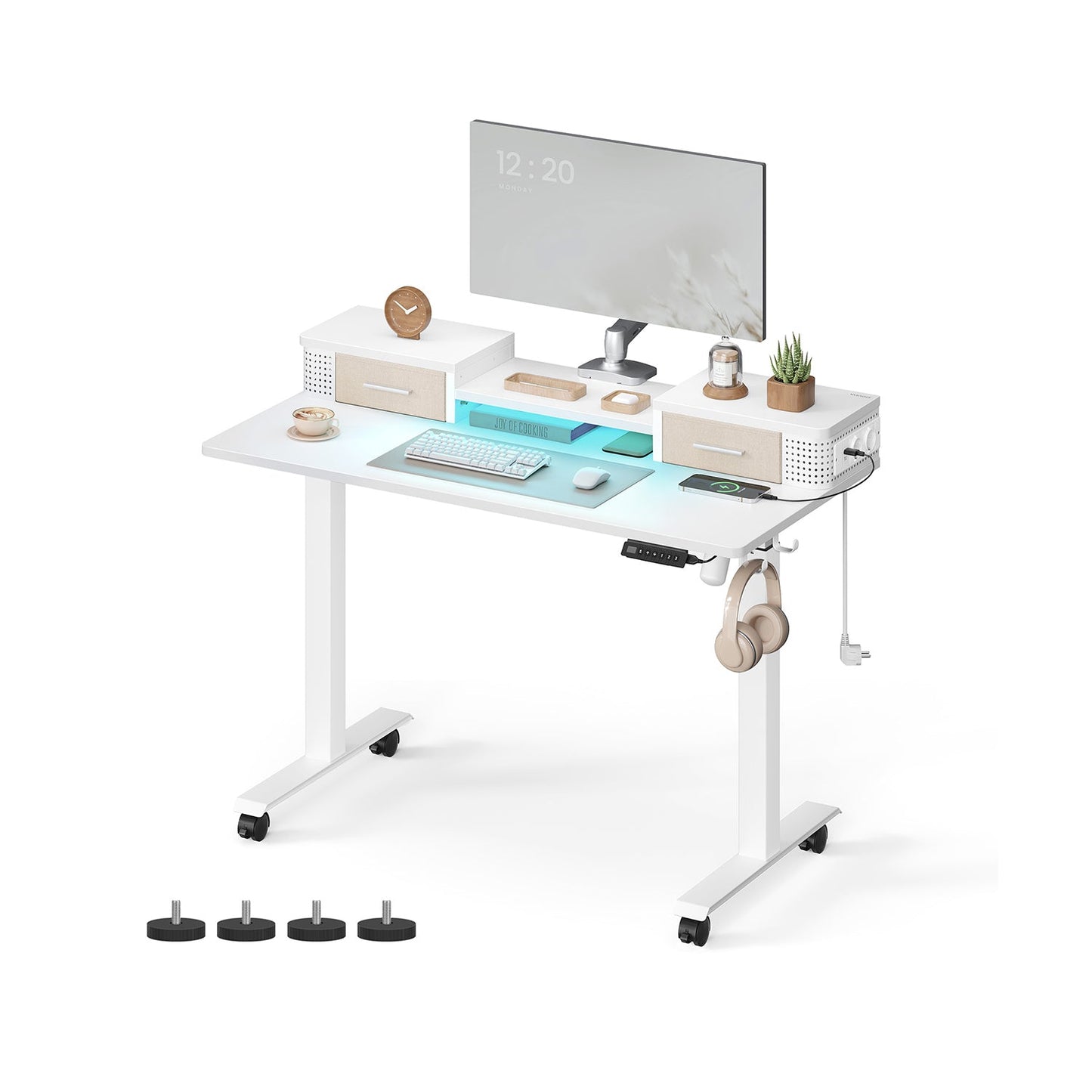 Scrivania Elettrica, Scrivania Regolabile in Altezza, Scrivania PC, 60x120x(72-120)cm, con Supporto per Monitor, Bianco, Vasagle, 1