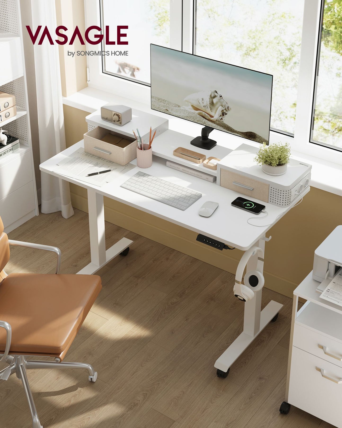 Scrivania Elettrica, Scrivania Regolabile in Altezza, Scrivania PC, 60x120x(72-120)cm, con Supporto per Monitor, Bianco, Vasagle, 1