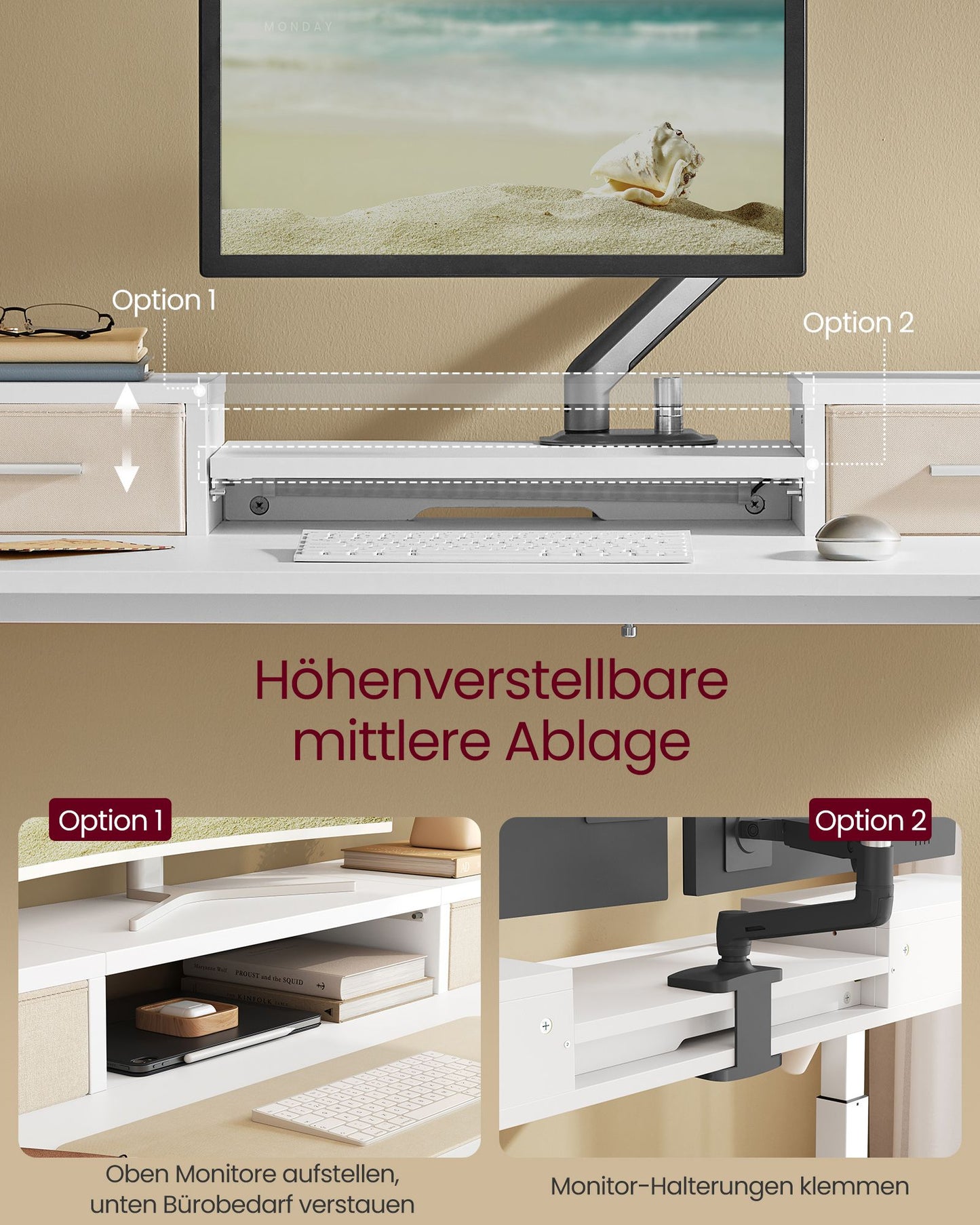 Scrivania Elettrica, Scrivania Regolabile in Altezza, Scrivania PC, 60x120x(72-120)cm, con Supporto per Monitor, Bianco, Vasagle, 1